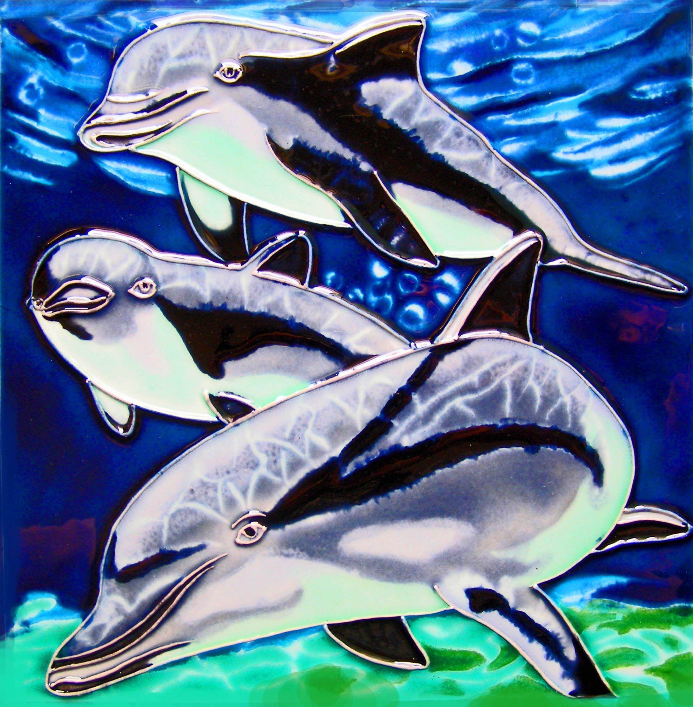 Continental Art Center BD 2262 3-Dolphin Art Tile, 8 by 8-Inch