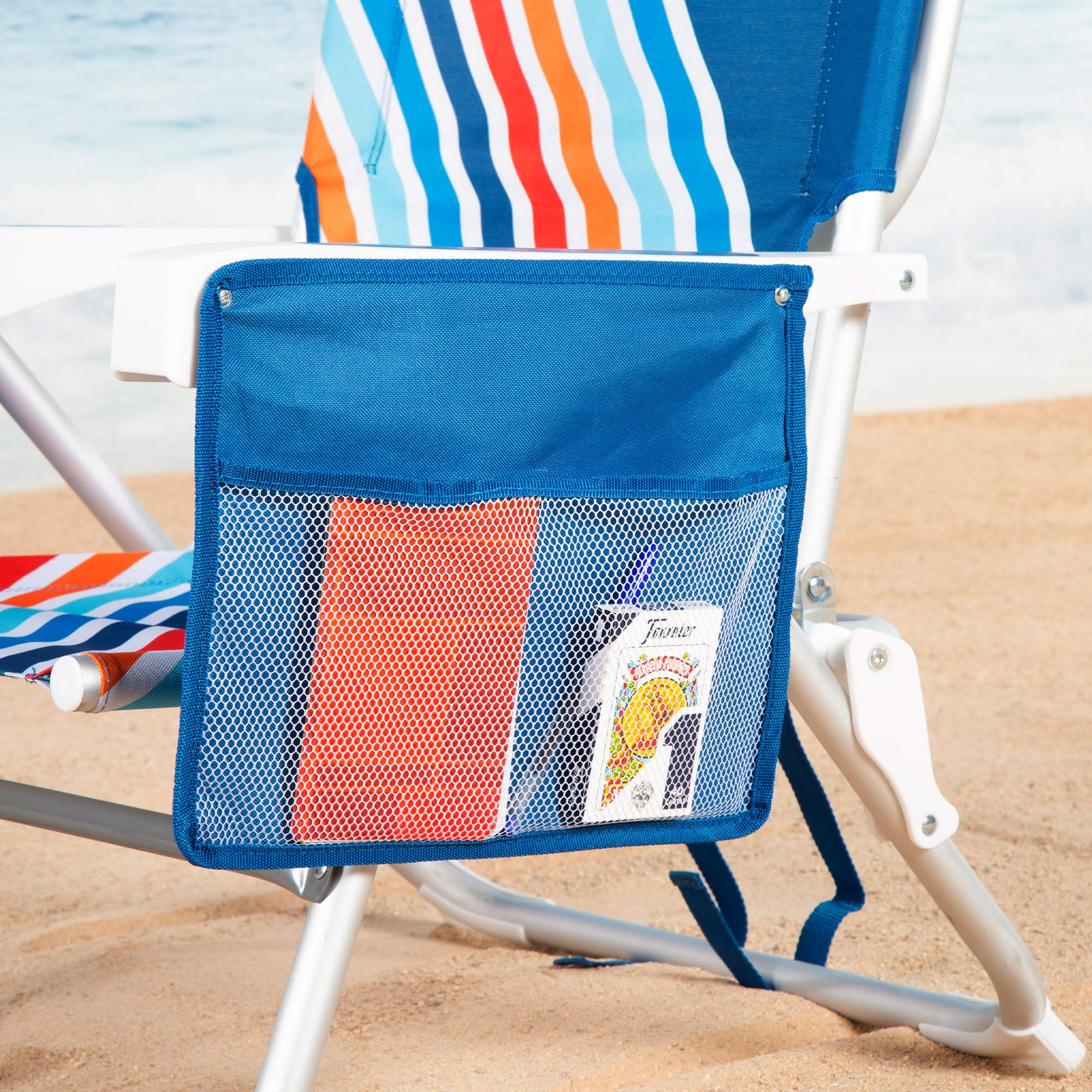 AKTIVE Silla de Playa Plegable con Mochila, 50x55x80 cm, Multiposición, Silla antivuelco, con 4 Posiciones, Silla con Bolsillos, Estructura Resistente, hasta 110 kg (62537)