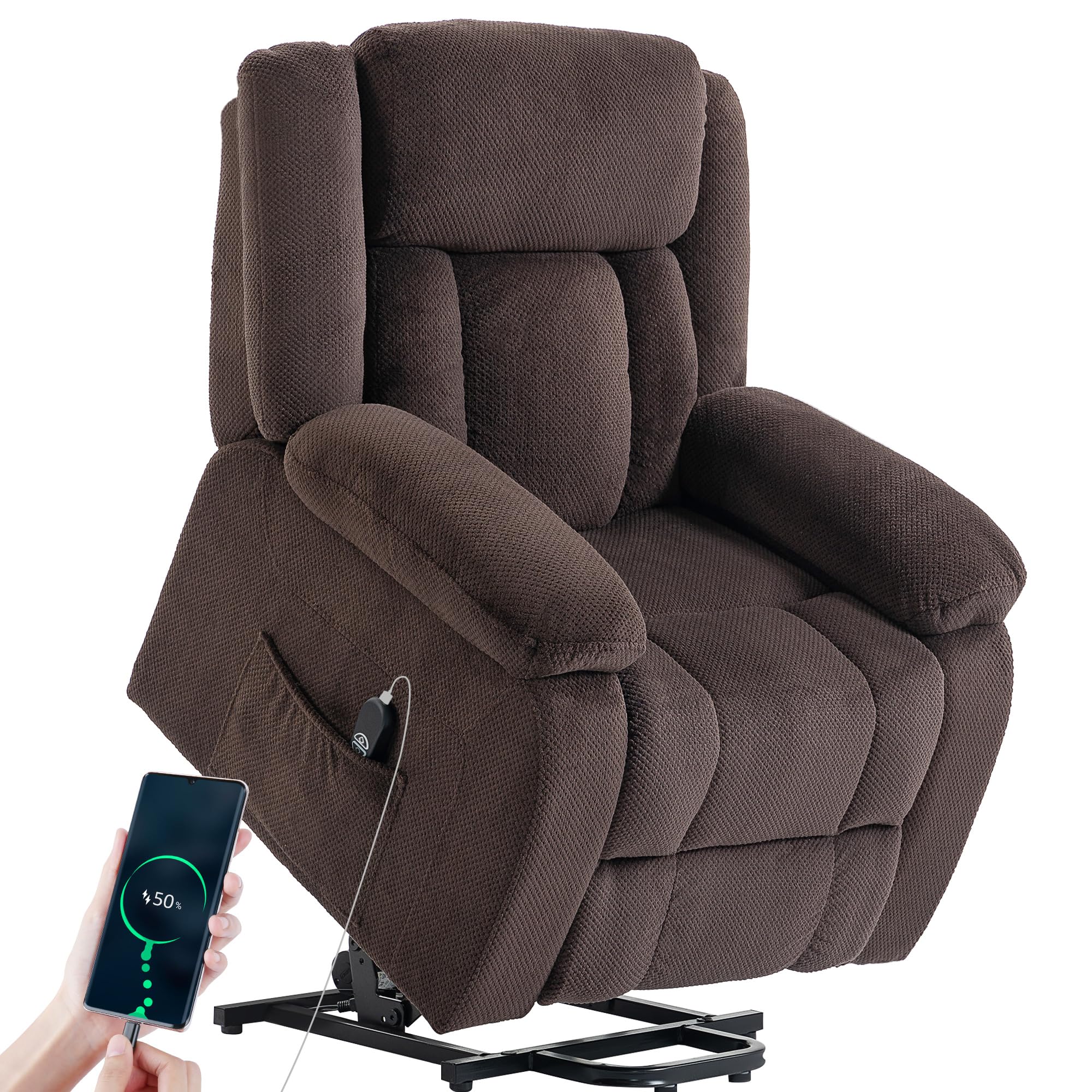HOMCOM Sillón Relax Reclinable Eléctrico Levanta Personas, con Puerto USB, Sillón Elevador, con Control Remoto, Asiento Ancho, Reposapiés, Tapizado en Terciopelo, Bolsillos Laterales, Marrón