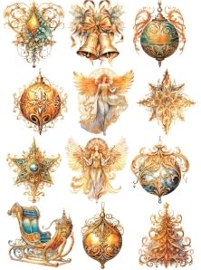 Gold Christmas Rice Paper, 11.5 x 16 inch (1pc) - Mulberry Paper for Decoupage Furniture Print Crafts