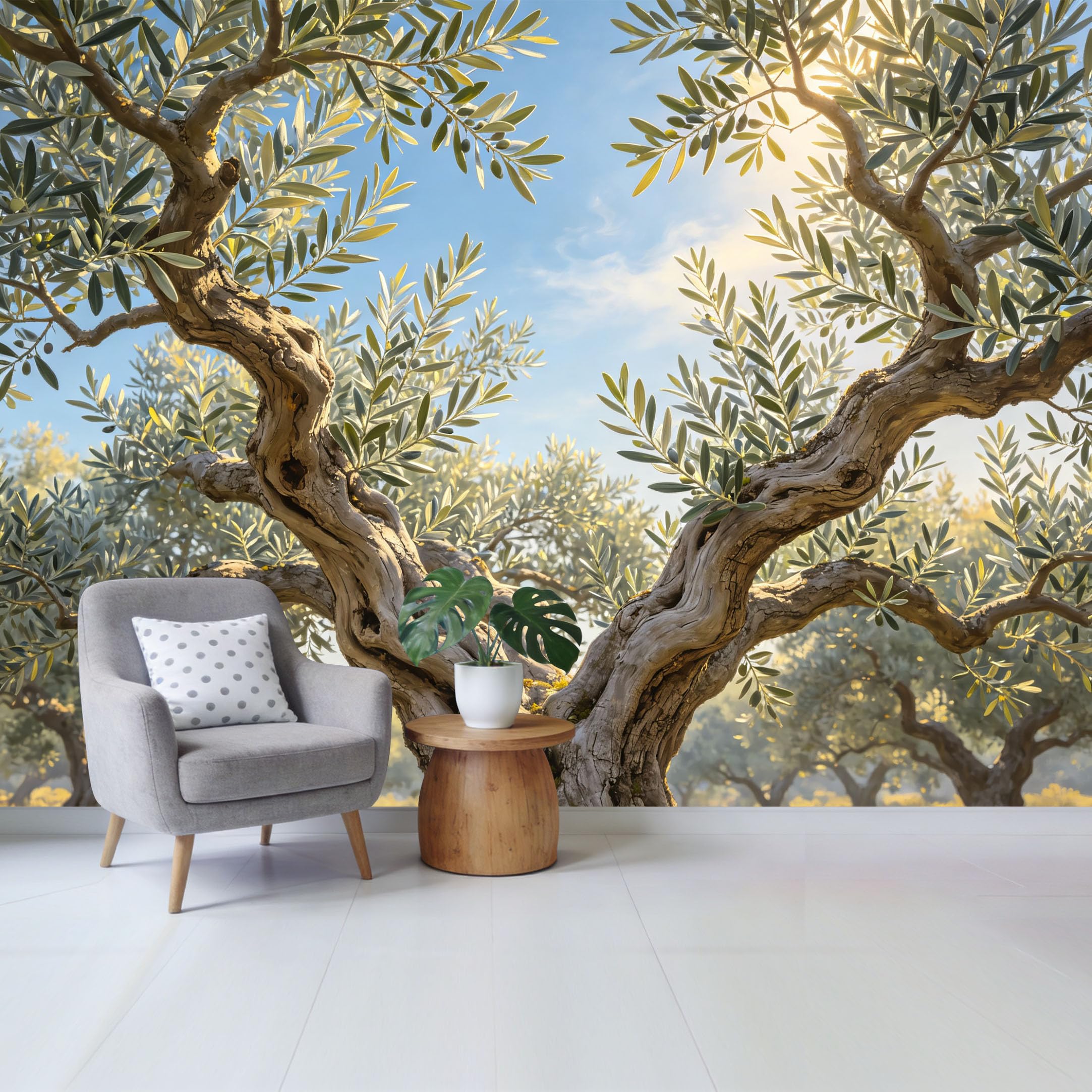Removable Self Adhesive Fabric Mural， Custom Size Wall Covering Sunny Mediterranean Olive Tree Branches Landscape， UV Protected Waterproof Washable Wall Decor for Living Room Bedroom