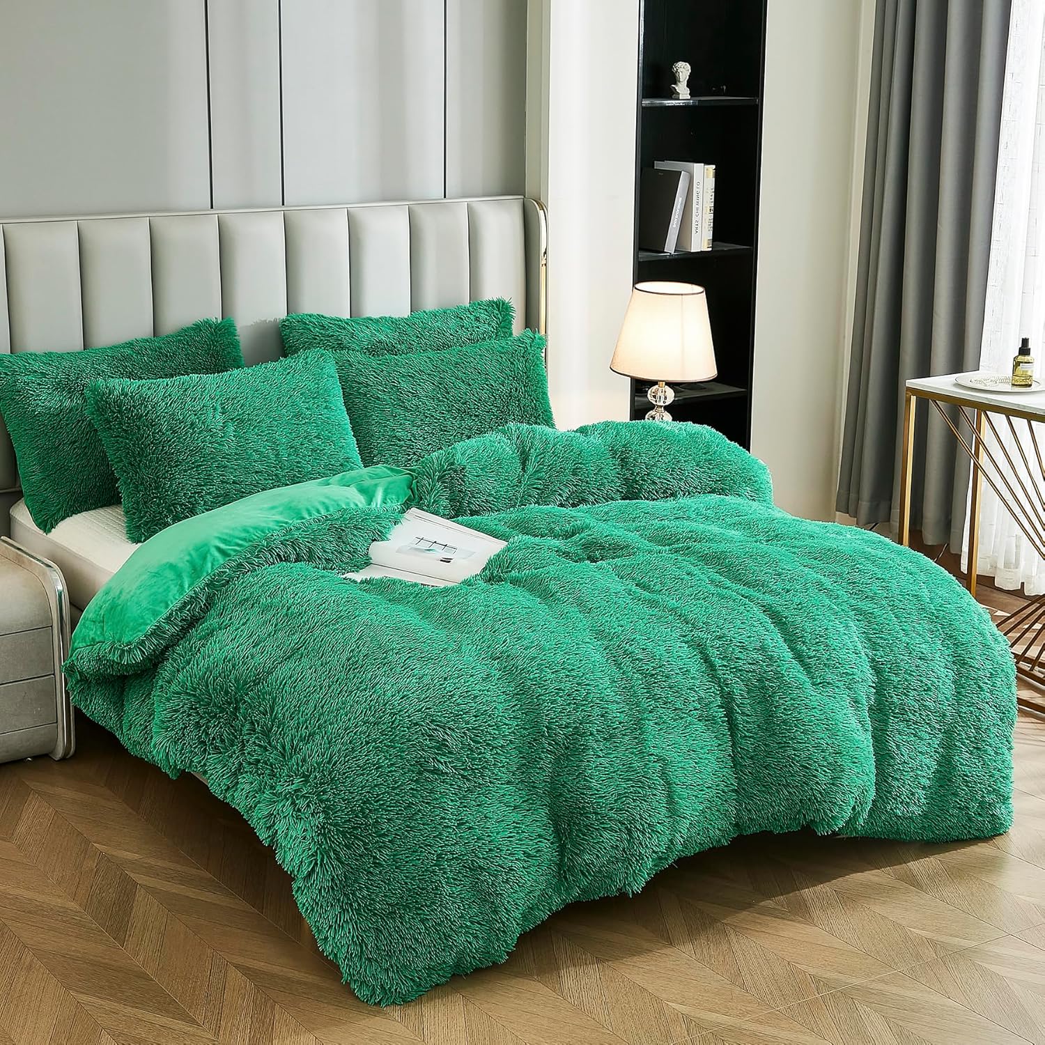 Uhamho Luxury Fluffy 1PC Solid Duvet Cover Faux Fur Plush Shaggy Quilt Cover Velvet Bedspread Zipper Closure, No Pillow Sham, No Comforter (Emerald Green, Queen) Emerald Green Queen