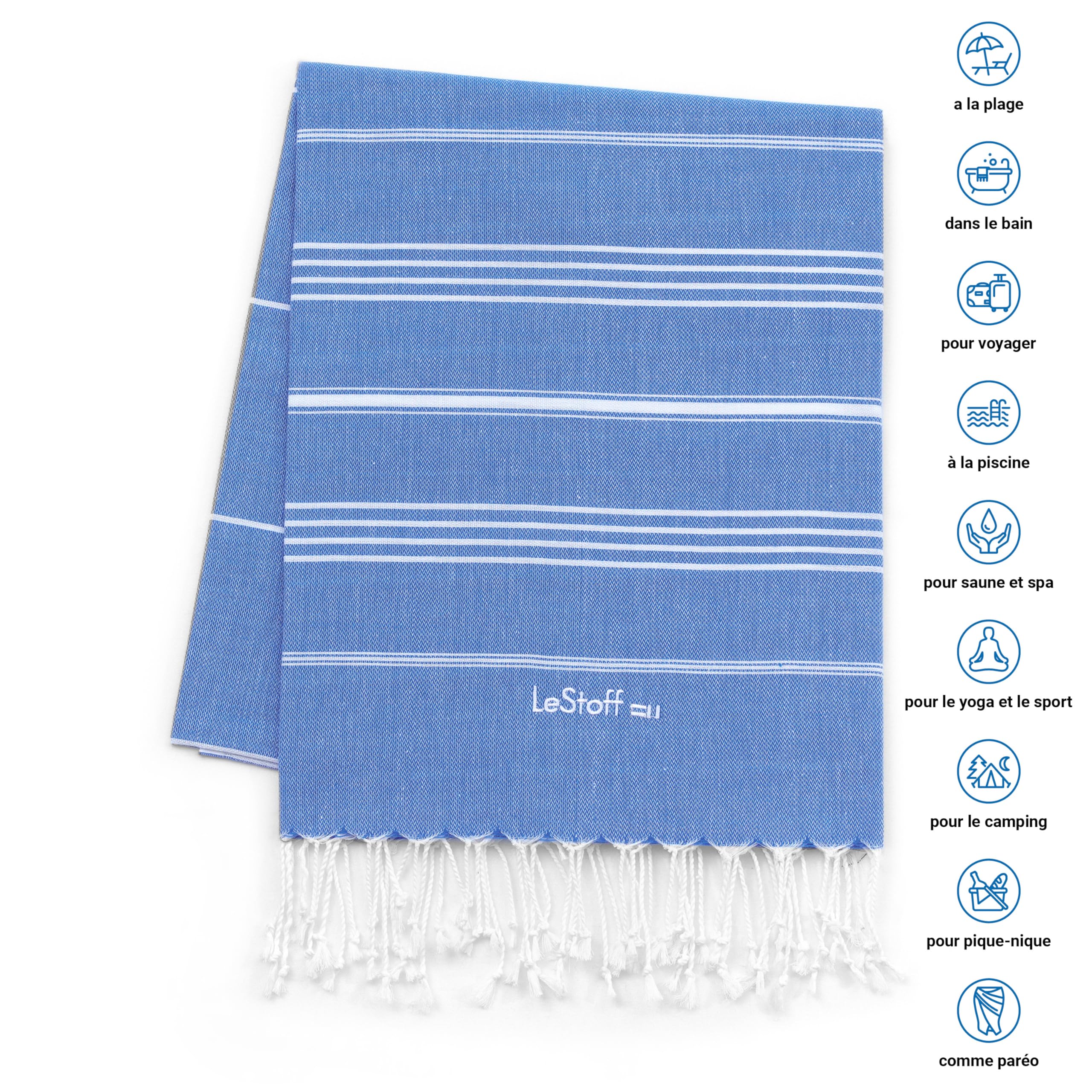 LeStoff 2 foutas hammam, 100% Coton Bio, 95x180 cm, Bleu Ciel/Bleu Clair | Serviettes de plage, sauna, bain, douche, yoga, voyage et spa – prélavées, durables, légères, absorbantes, séchage rapide
