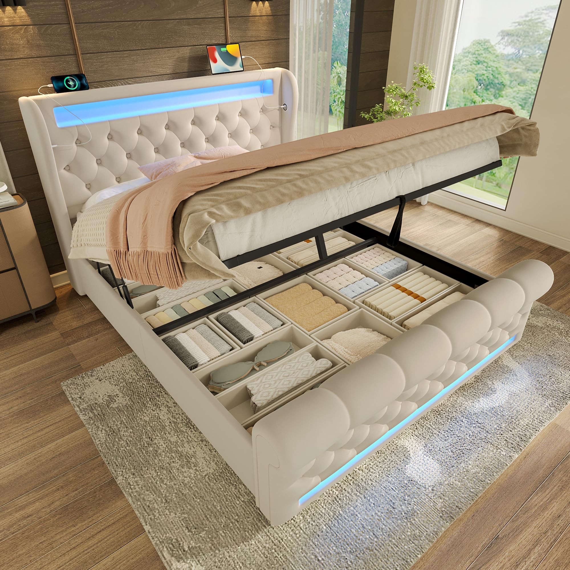 Letto Matrimoniale 160x200 con Sommier a doghe stabili e Struttura Letto divano trapuntato schienale sagomato contenitore a pistoni per la stanza della casa beige