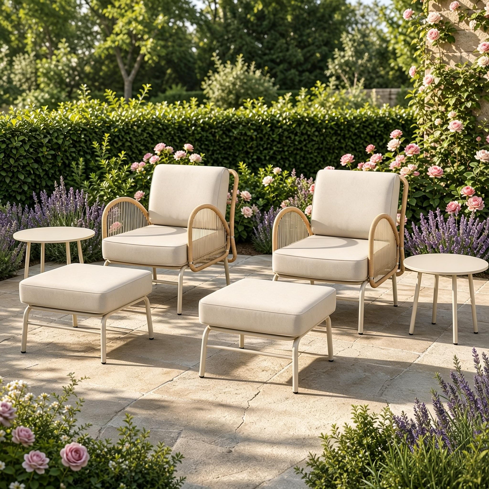 2026 Upgrade 12 Pcs Outdoor Lounge Chair Set, Garden/Patio/Balcony Furniture Set, with 2 Chairs, 2 Ottomans & 2 Coffee Tables, Features 6 Cloud-like Soft Cushions for Relaxation Moments,Small Spaces
