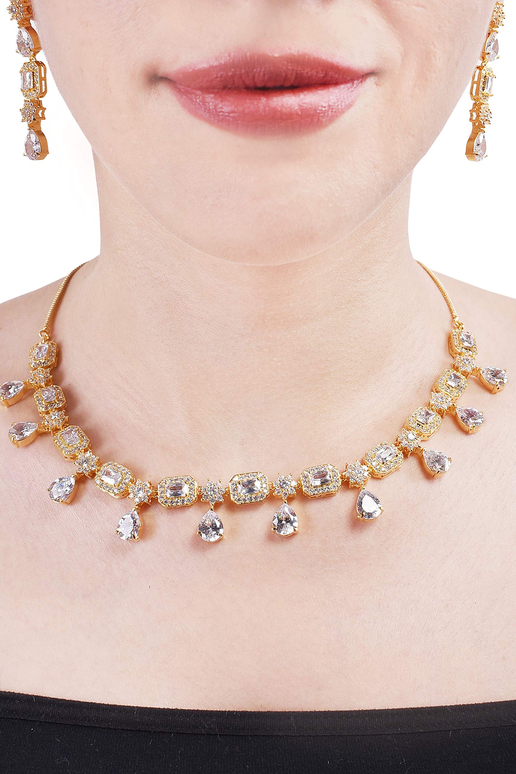Ratnavali Jewels Set di gioielli con collana e orecchini pendenti in zirconia cubica, per matrimonio, stile Bollywood, stile indiano