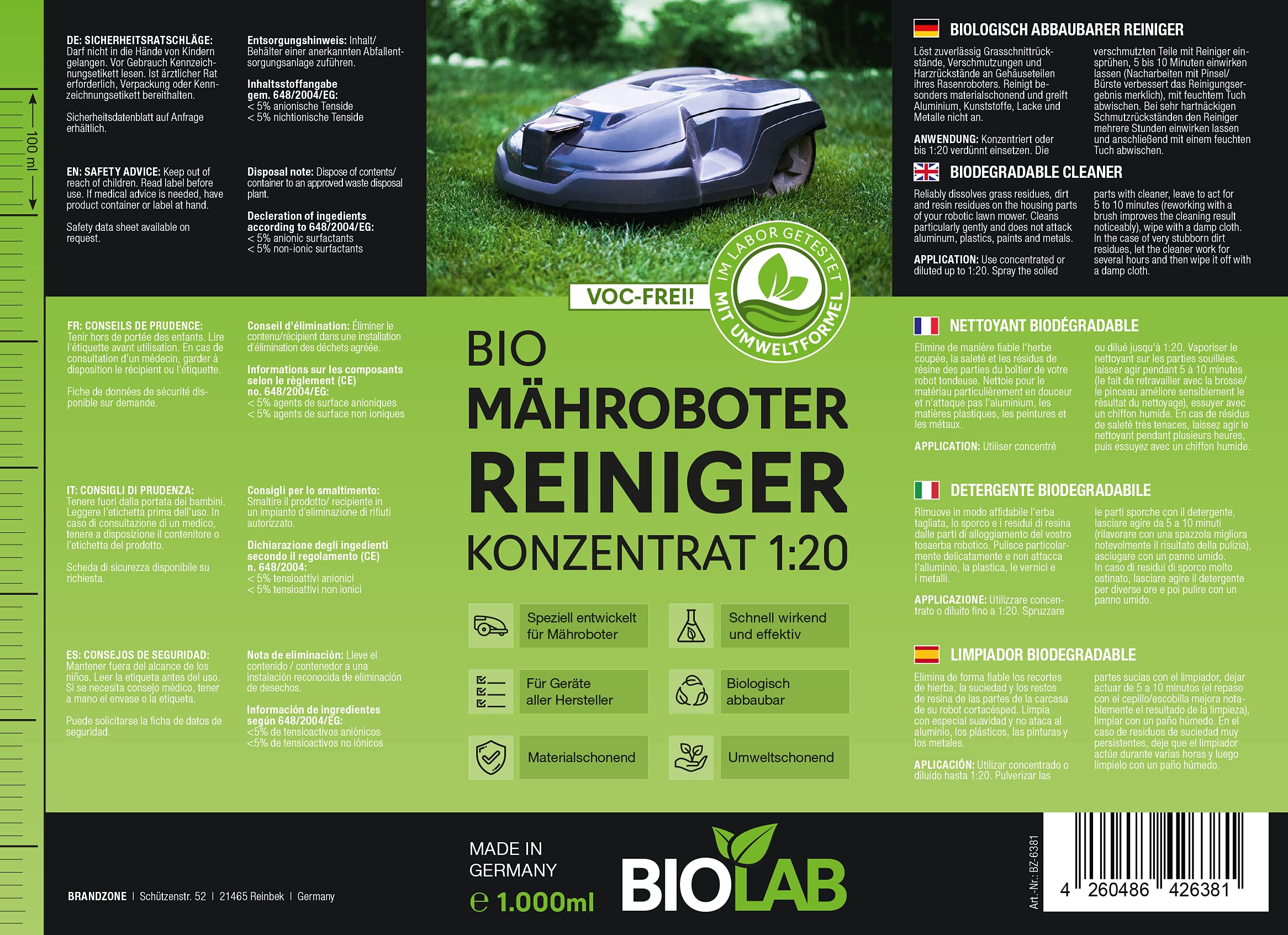 Biolab Bio Mähroboter Reinigungsset, zur Reinigung von Rasenmäher Roboter, 1000 ml Reiniger Konzentrat plus Sprayflasche zum Mischen