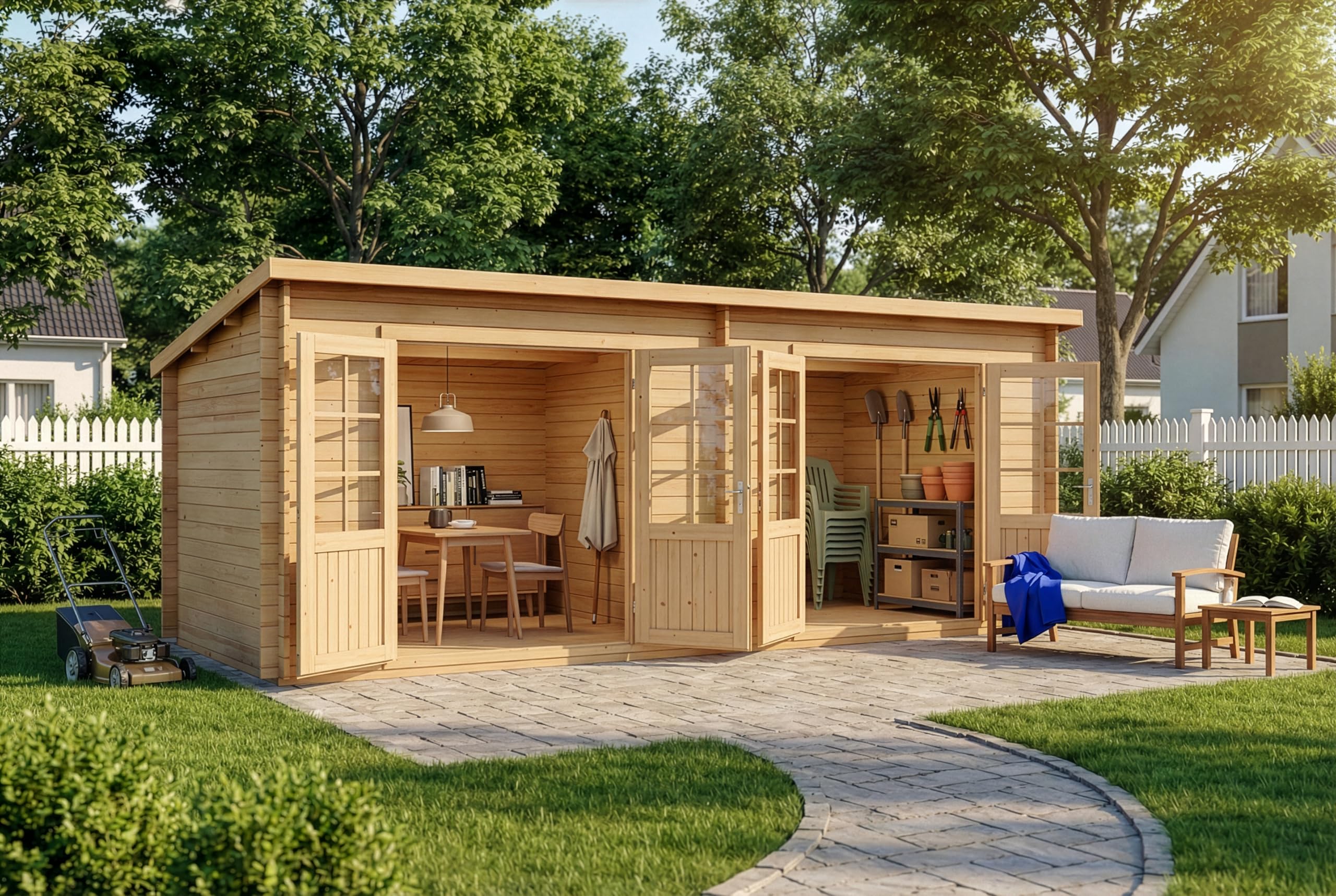 Alpholz Gartenhaus Maria Twin aus Holz in Naturbelassen mit 28 mm Wandstärke 598 x 272 cm