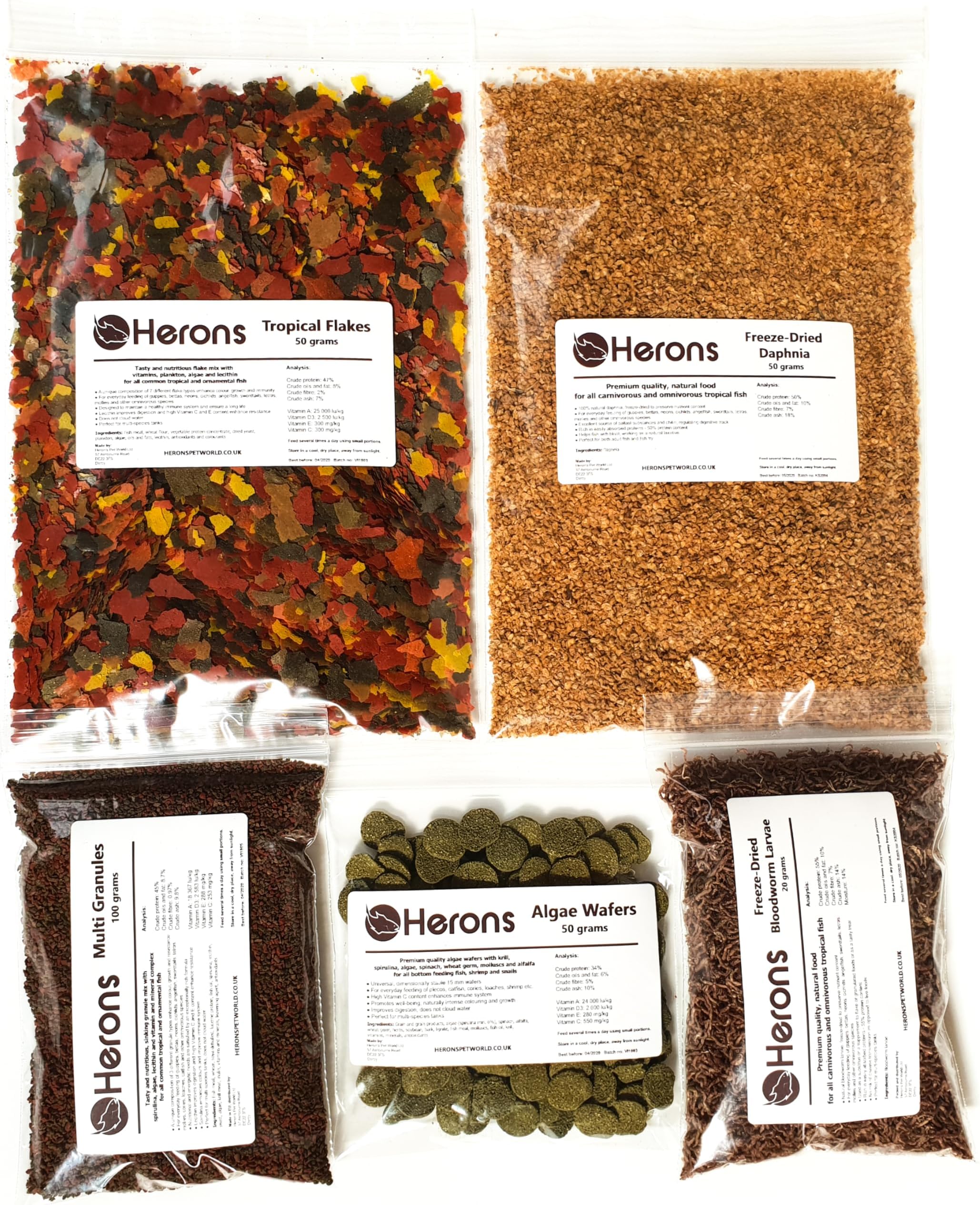 HERONS - Premium Tropical Fish Food Pack - Multi Granules, Tropical Flakes, Algae Wafers, Freeze-dried Daphnia, Freeze Dried Bloodworm - For all Community Tanks - Total of 270 Grams