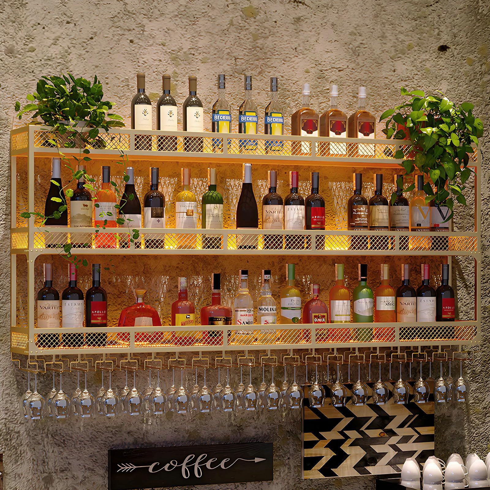 Meuble à vin mural gain de place pour ranger bouteilles et verres sans encombrer