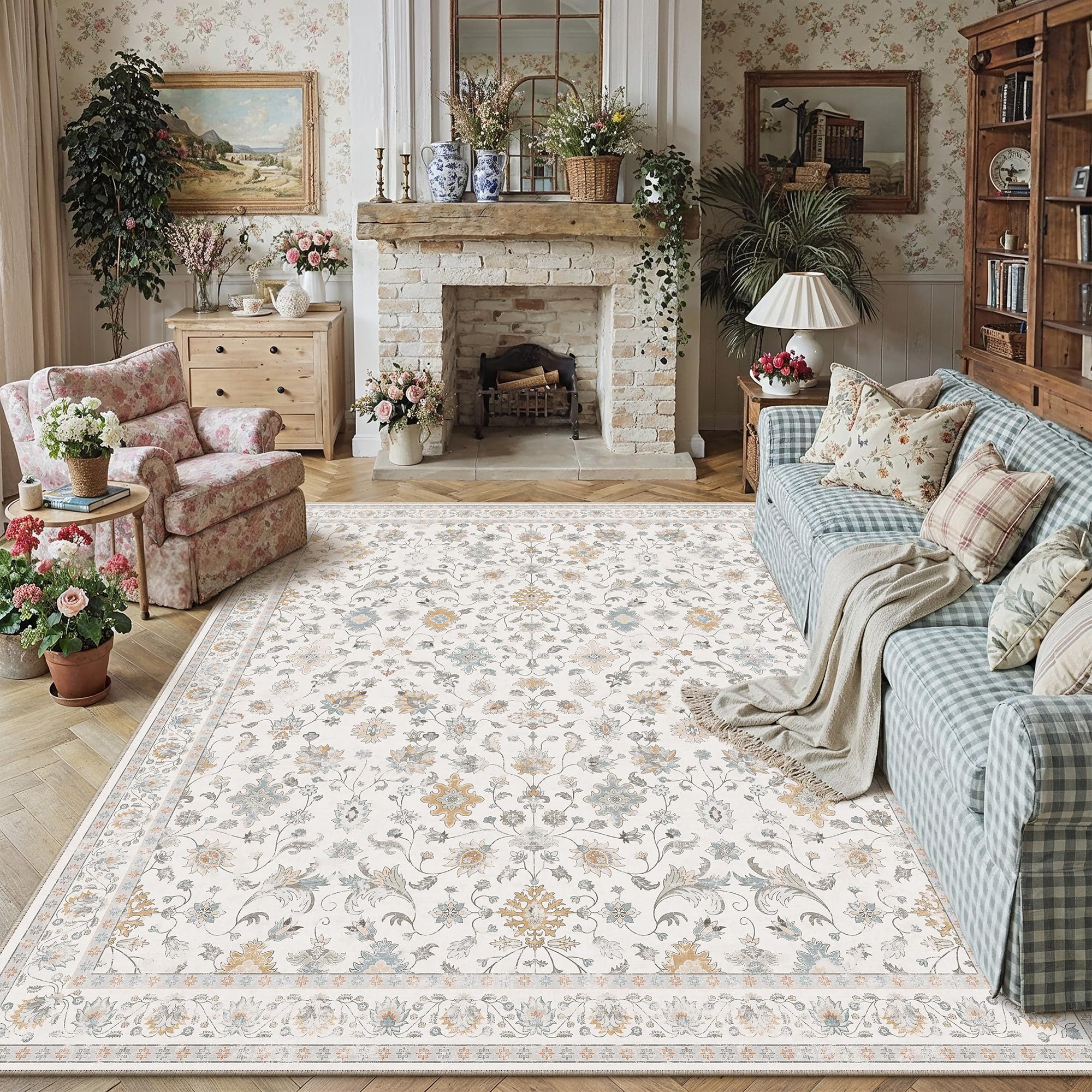 PureCozy Teppich Wohnzimmer Waschbarer Blumenmuster kurzflor rutschfest Weich Bumen Boho Vintage Teppiche