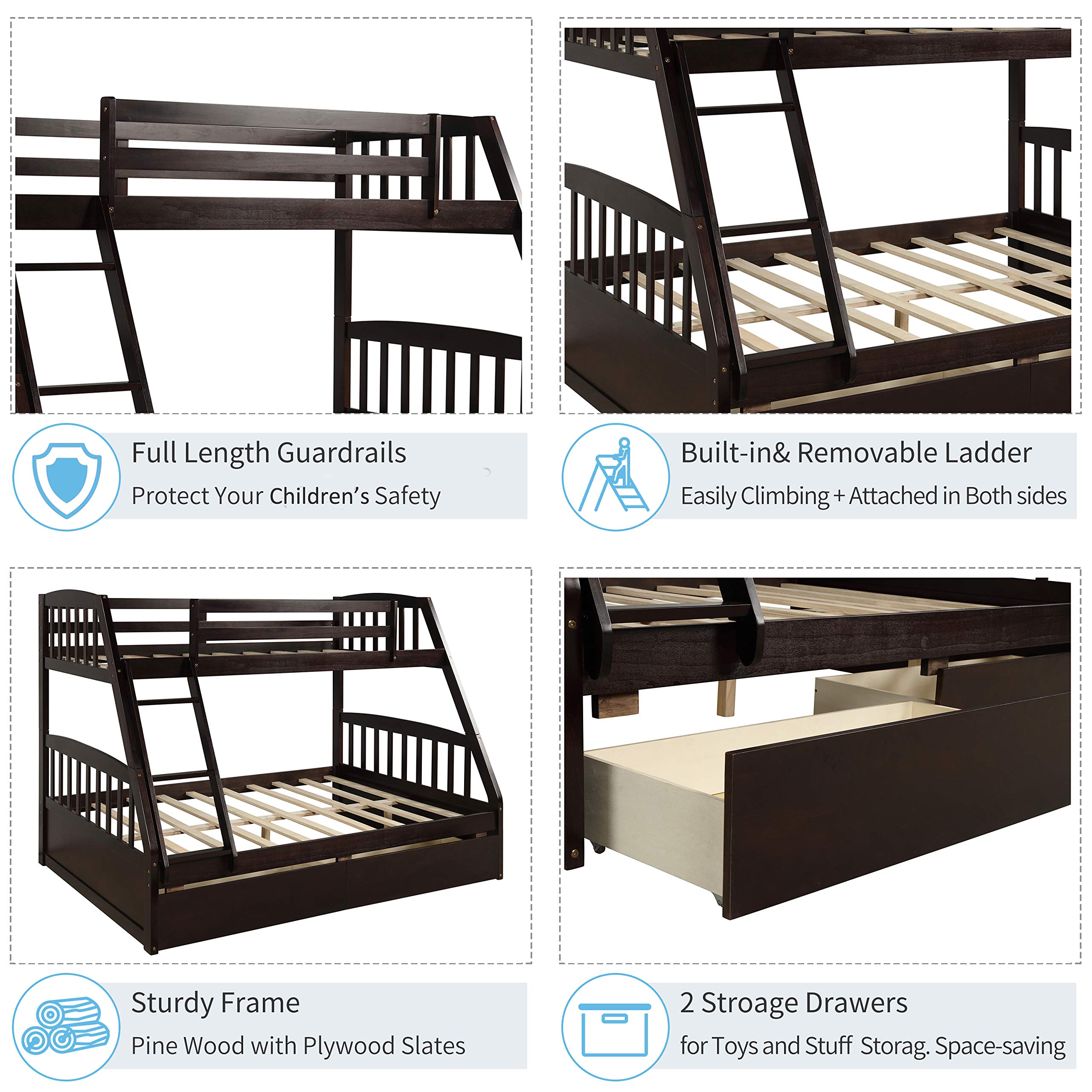 Buy Twin Over Full Bunk Bed with 2 Storage Drawers, WeYoung Solid Wood