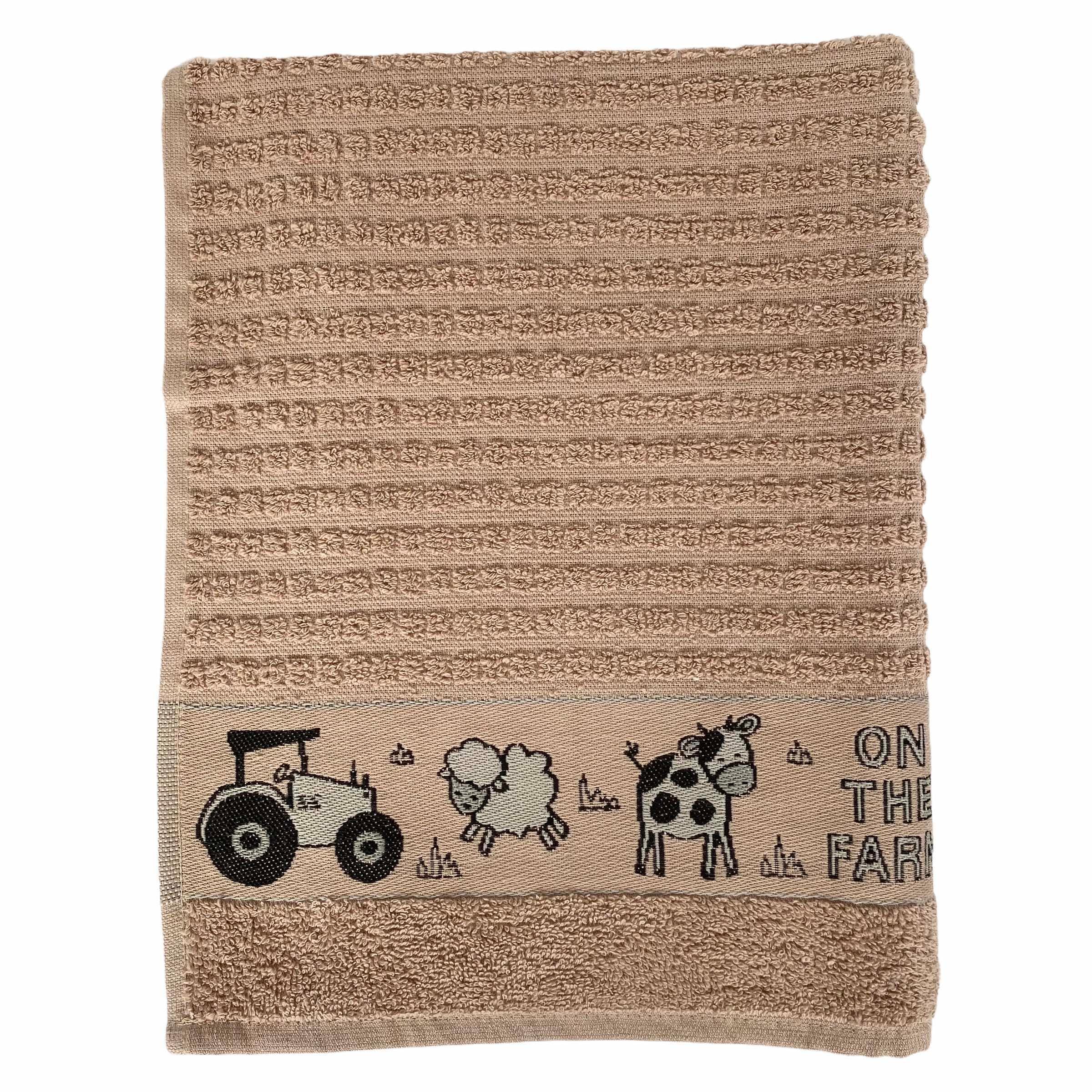 Riggs 100% Cotton 3 Pack On The Farm Design Kitchen Hand Tea Towels in Latte Beige