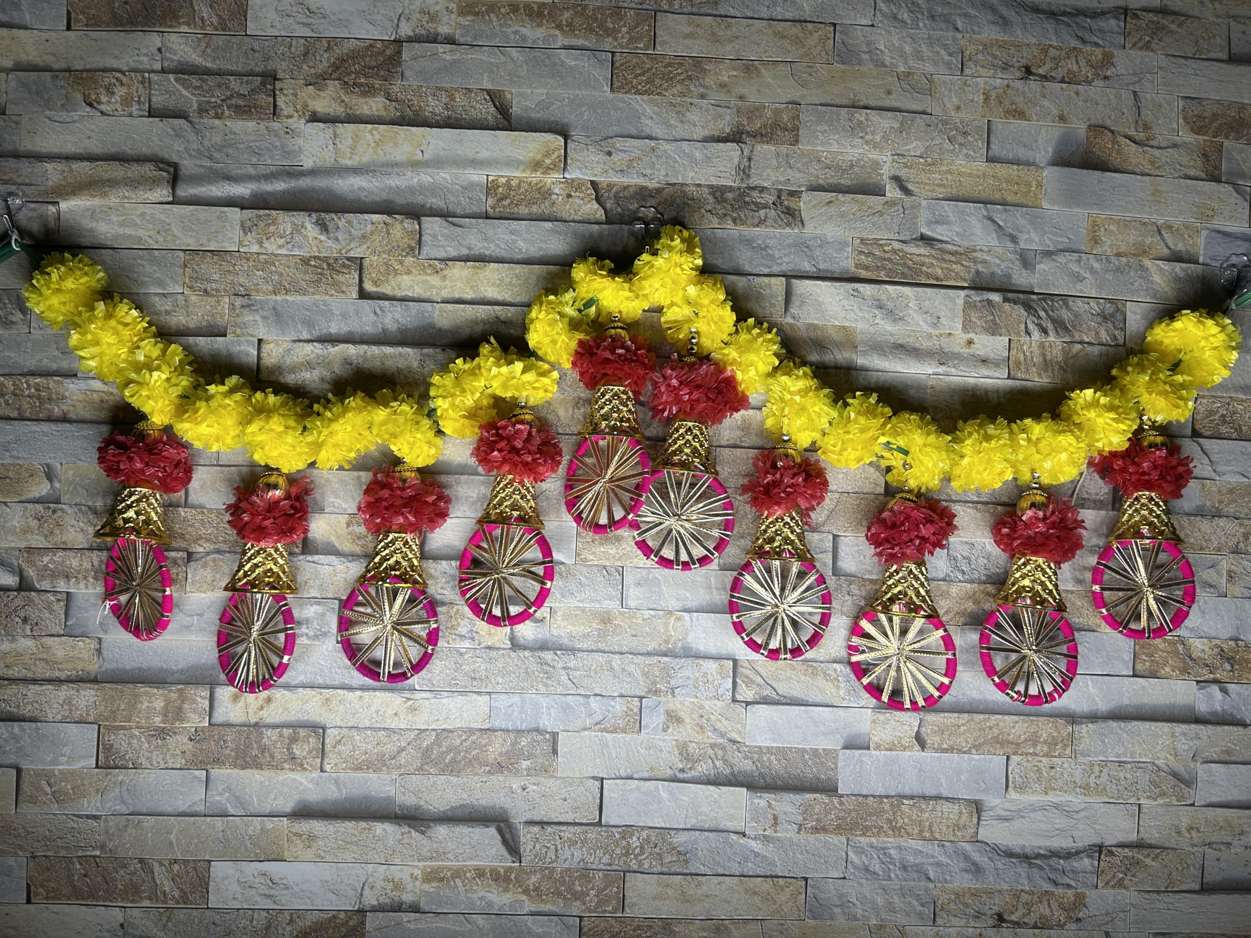 EXEMARTZ Traditional Door Hanging Toran, Artificial Marigold Flower Garland with Golden Bells, 40 Inches Length, Yellow and Red
