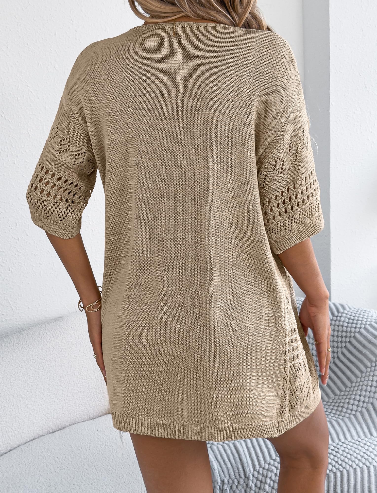 Damen Strickjacke Sommer Leicht Cardigan Jacke Lang Elegant Shirtjacke Halber Ärmel Festlich Top Dünne Long Blusenjacke Weich Bequem Atmungsaktiv S-2XL