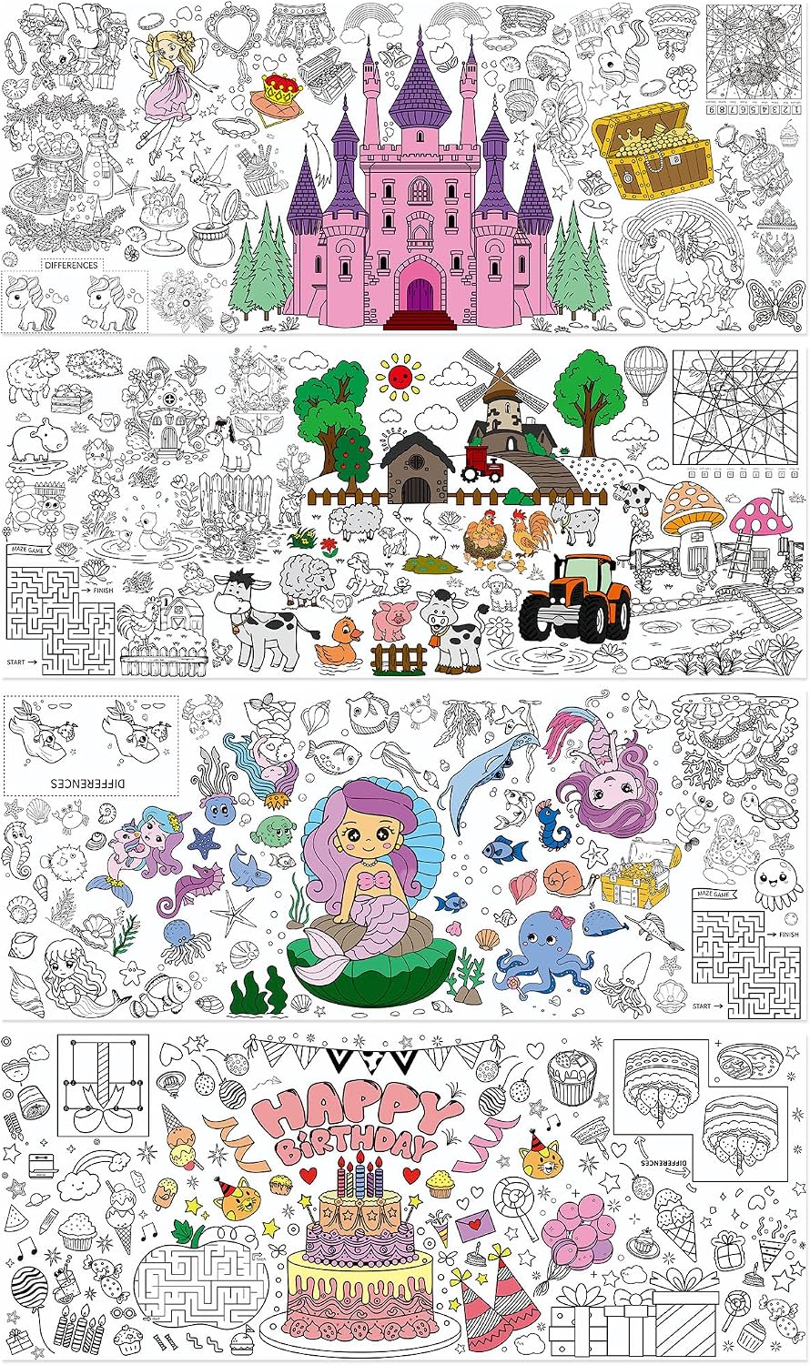 Boao 4 Pcs Giant Colored Posters 30x72 Inch Large Coloring Posters with Mermaids Princesses Castles Birthday Cake Ranch Pattern Party Wall Table Decoration Tablecloth Cover Craft Supplies