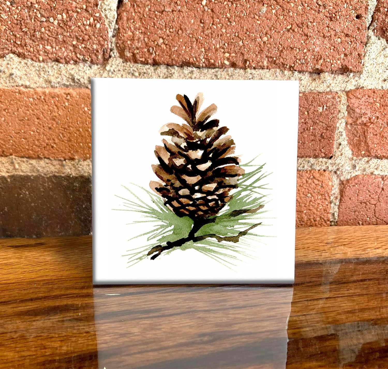 Pine Cone Watercolor Art Decorative Tile (6 X 6 Framed)