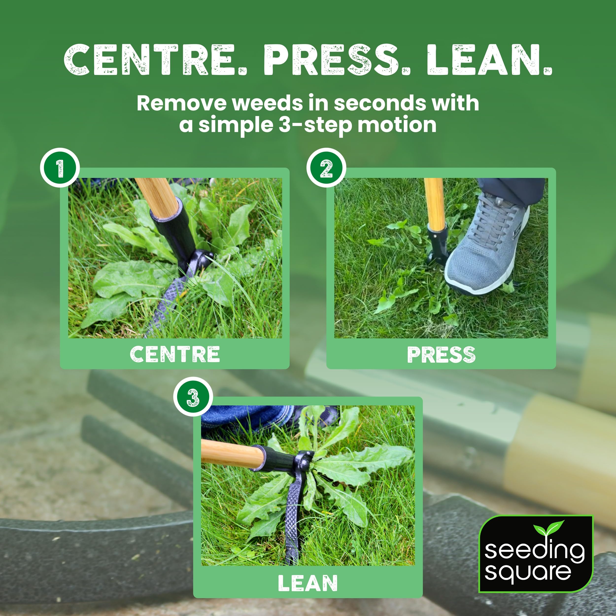 Seeding Square The Weed Gobbler Carbon Steal & Bamboo Stand-Up Unkrautentferner Werkzeug für Löwenzahn und einwurzelige Unkräuter - Ergonomischer Rasenjäter für rückenschonende Unkrautentfernung