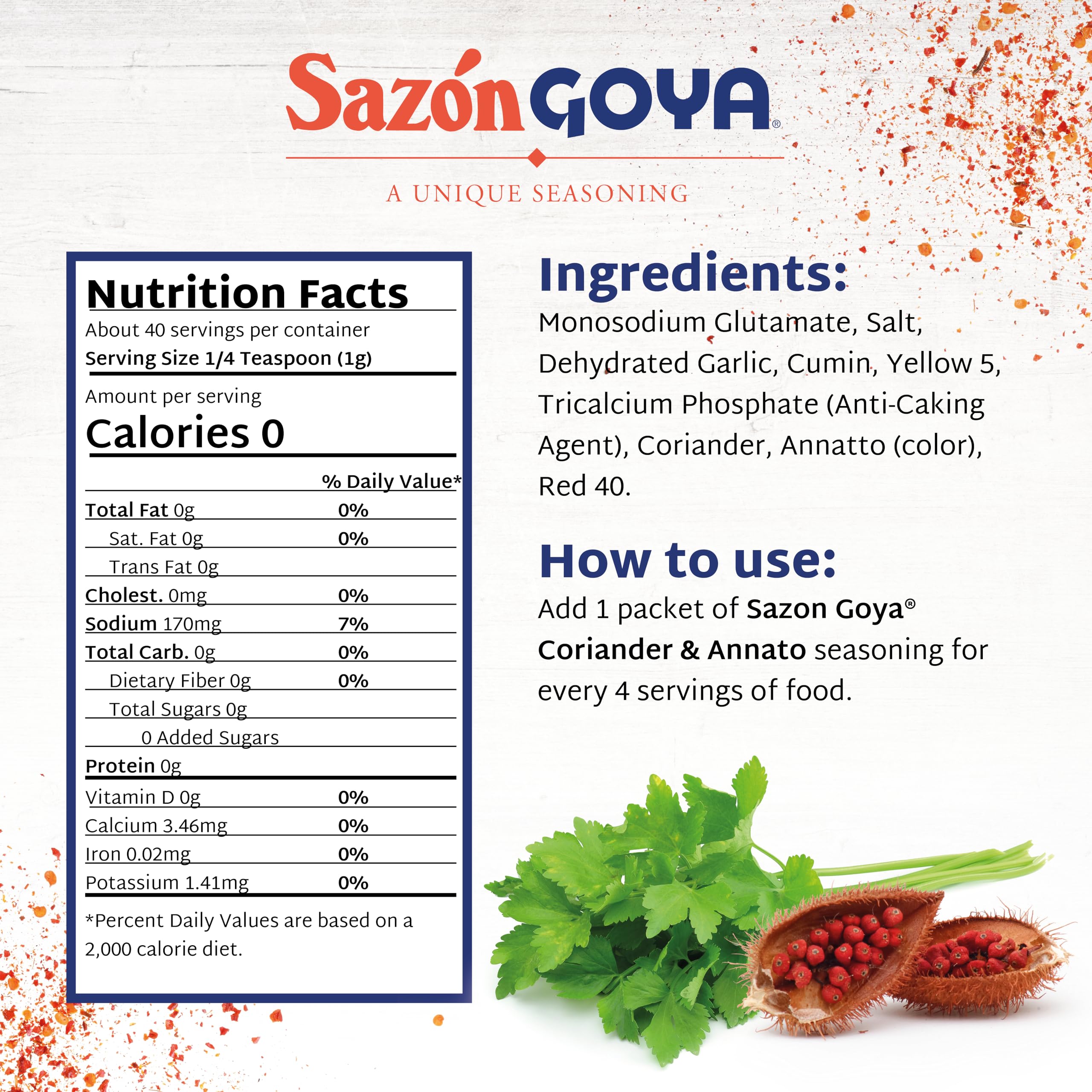 Sazón with Coriander & Annatto by Goya, Latin Spice Blend for Poultry, Seafood, Meat and Vegetables, All Purpose Mexican Seasoning, Pack of 2, 1.41oz Cartons, 8 Packets Each