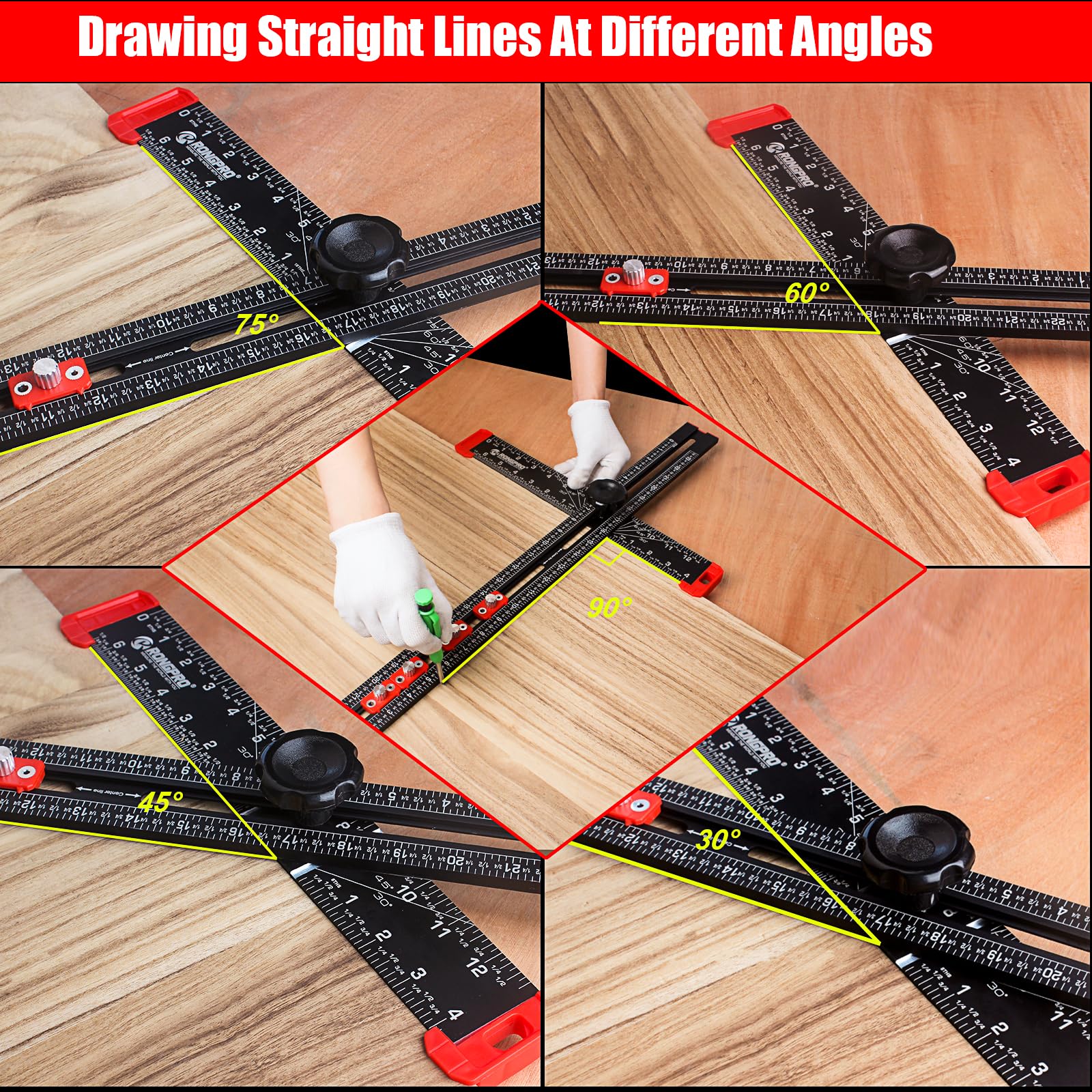 4-in-1 Woodworking T-Square & Drilling Jig – 24" Aluminum Alloy Ruler With 6 Sliders For Cabinets & Doors - View #11