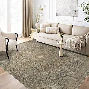 vivorug 3x5 Rug, Small Area Rug for Living Room, Bedroom, Kitchen, Machine Washable Non-Slip Throw Rug, Vintage Carpet for Entryway Nursery Coffee Table - Durable (Olive)