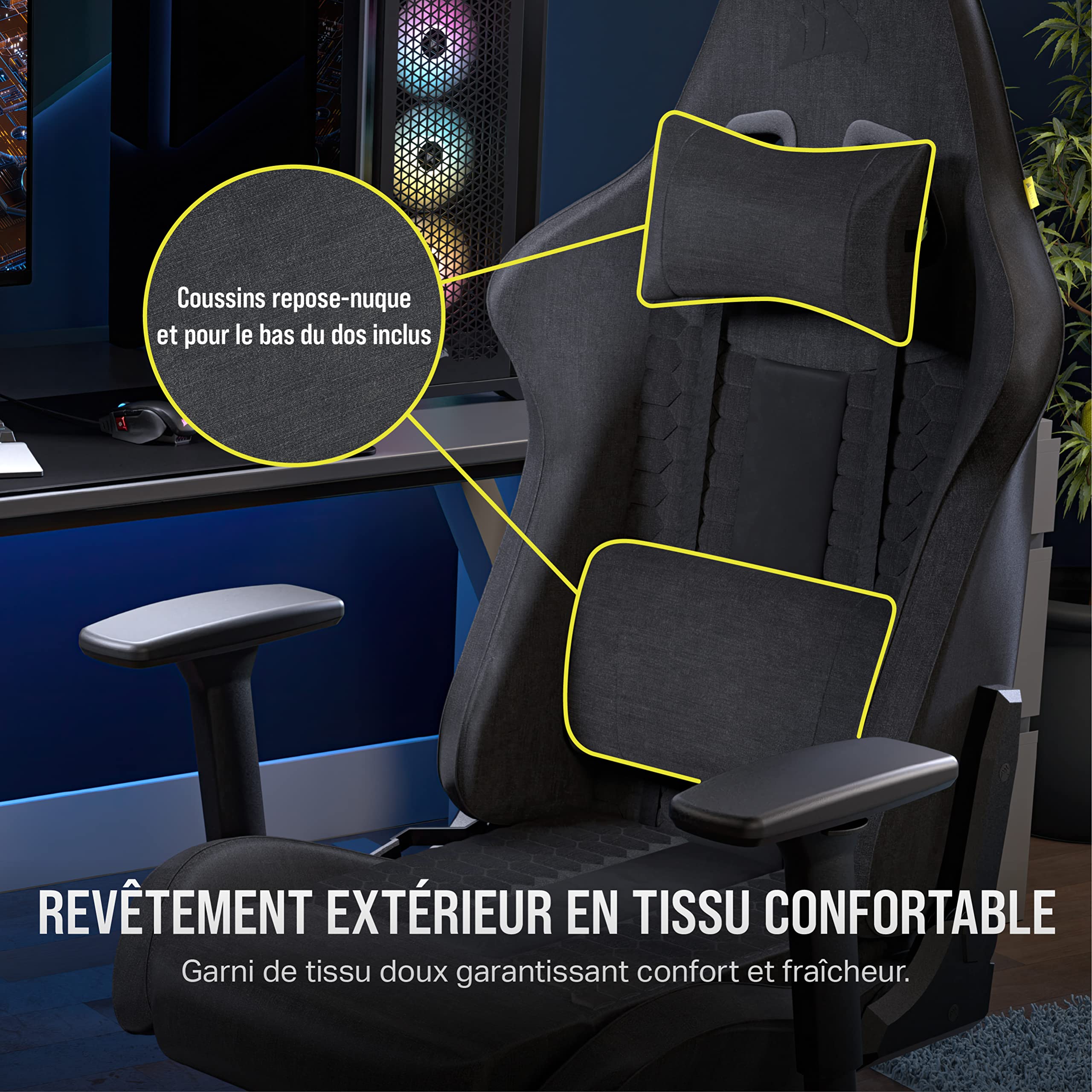 Corsair TC100 Relaxed Fauteuil Gaming – Gris et Noir | Tissu, Design Inspiré des Sports Automobiles, Coussin Lombaire, Coussin Repose-nuque Détachable en Mousse à Mémoire de Forme
