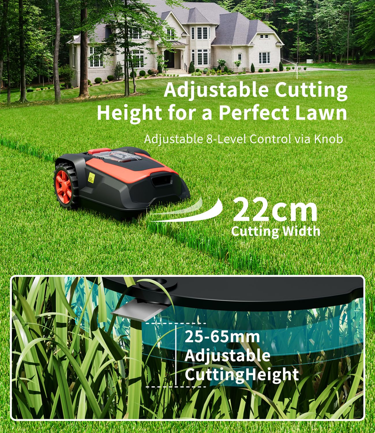 M1 Robot Tagliaerba con Cavo Perimetrale, fino a 1400 m², Altezza di Taglio 25-65 mm, Pendenze fino al 47%, Larghezza di Taglio 22 cm, Controllo via Bluetooth e App