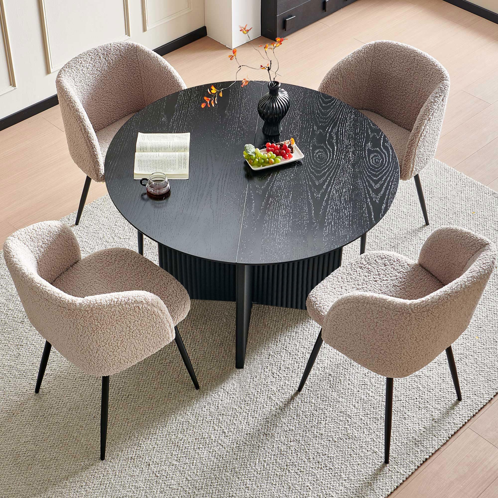 Black Fluted Round Dining Set with Sherpa Chairs