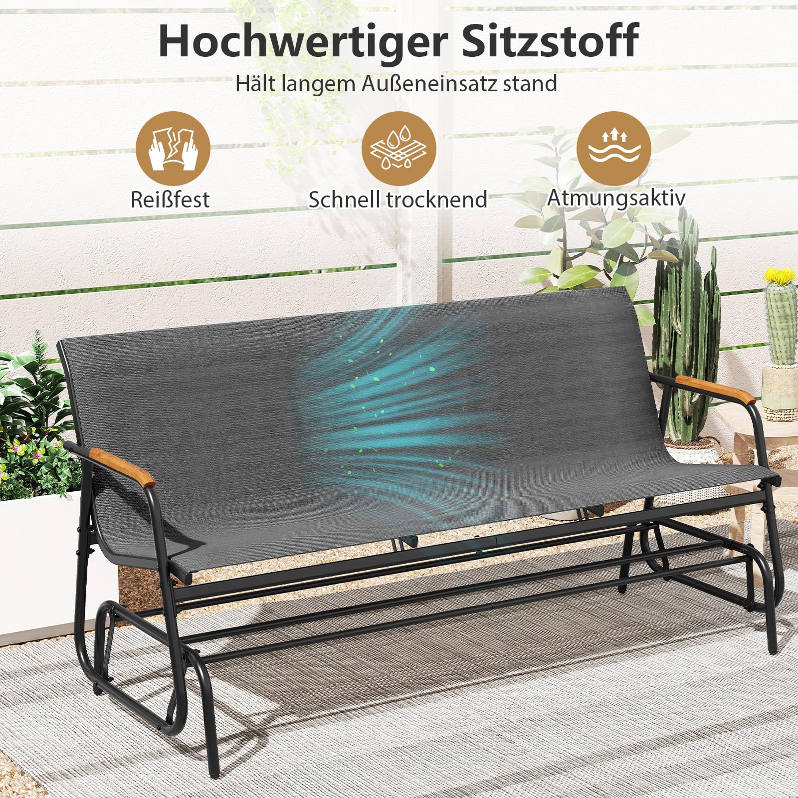 COSTWAY Gartenbank, 3-Sitzer Schaukelbank mit sanfter Gleitbewegung und atmungsaktivem Stoffsitz, Sitzbank bis 450 kg belastbar, Terrassenbank für Garten, Balkon, Terrasse