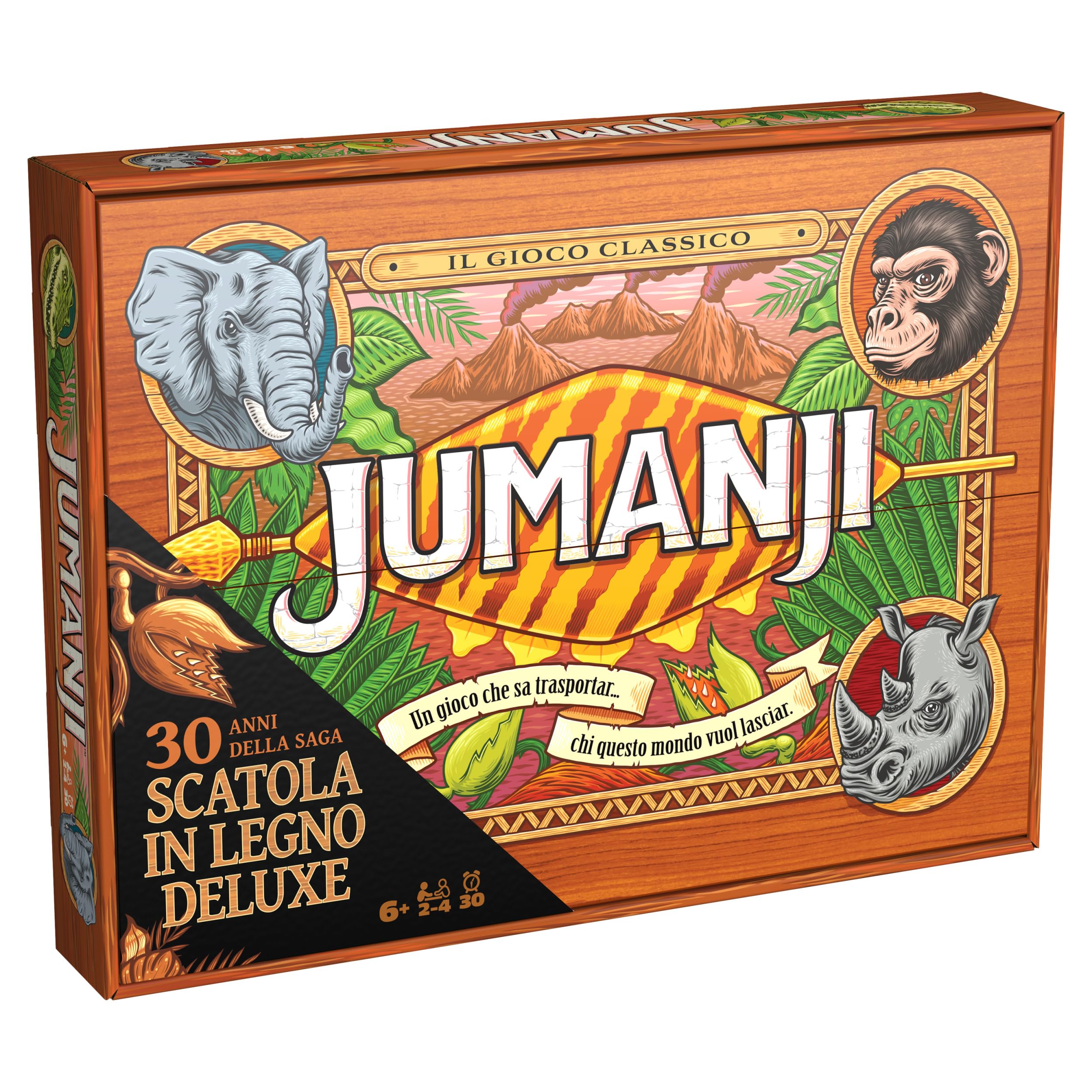 Spin Master Games Editrice Giochi, Jumanji, Jumanji Il Gioco da Tavolo in Legno, Formato Deluxe, Giochi da Tavola di Avventura per Famiglie e Amici, da 2 a 4 Giocatori, 8+ Anni, packaging may vary