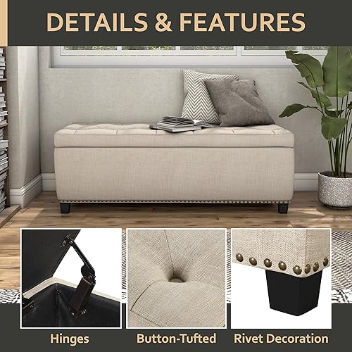 Miniatura 14 de 24/7 Shop at Home Sacallant - Banco de almacenamiento en el extremo de la cama, reposapiés otomano largo elevador, reposapiés tapizado de lino con