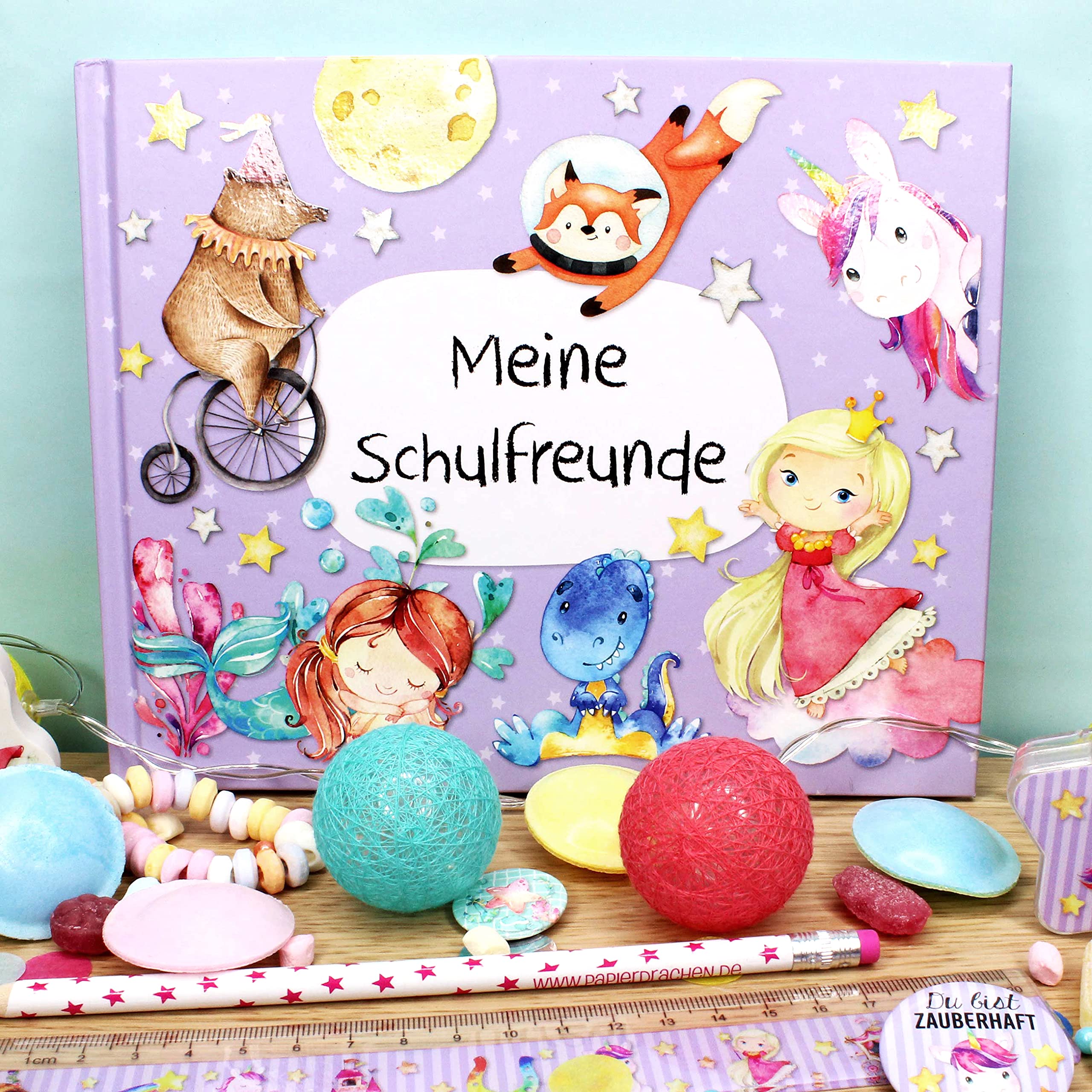 Papierdrachen Livre d'amitié pour enfants - Amis scolaires - Violet - Album de poésie avec princesse, licorne et sirène - Pour 27 amis