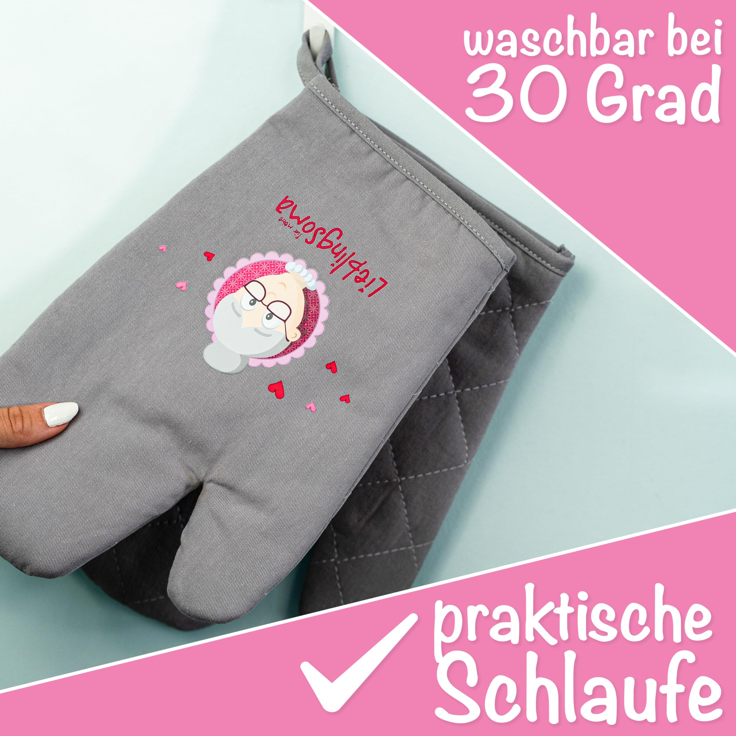 Myoma Ofenhandschuhe für Oma – Hitzebeständige, langlebige Küchenhandschuhe (Paar) Omas zum Geburtstag & Weihnachten, lustige Backhandschuhe für die Lieblingsoma inkl. Karte