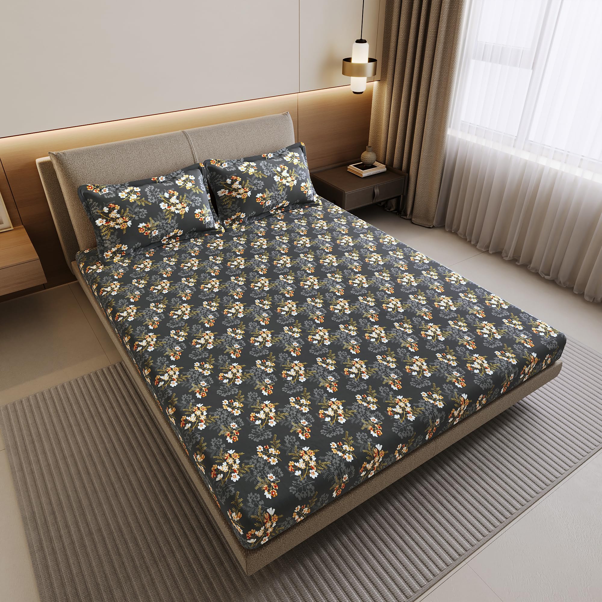 Divine Casa Premium 144 TC 100% Cotton Double Bedsheet with 2 Pillow Covers | Soft Breathable Bed Sheet for Double Bed | Elegant Printed Bedding Set | 222 x 254 cm (Graphite Shade, Floral)
