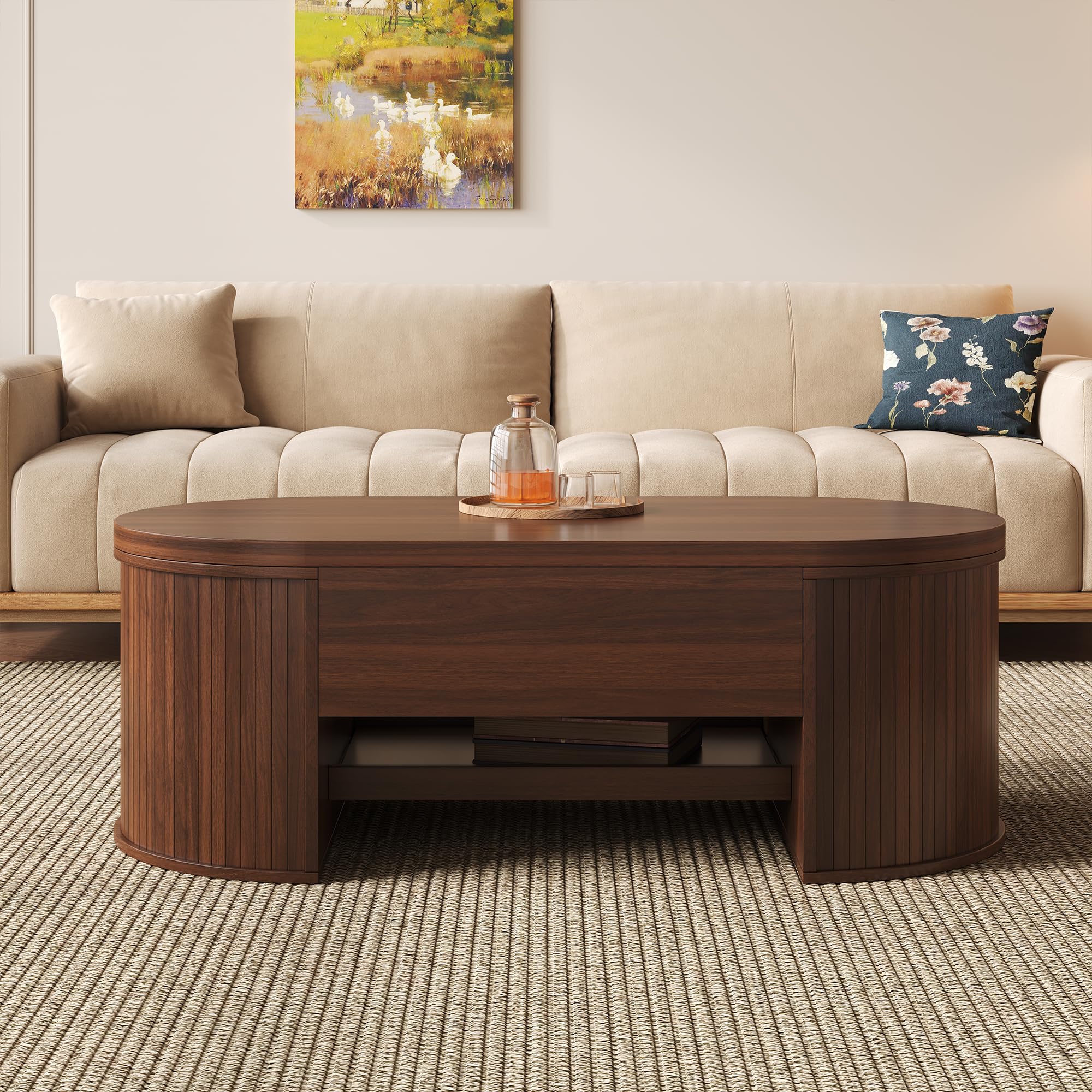 Tavolino da salotto elevabile, lati curvi in legno, piano allungabile, pelliccia multifunzionale per soggiorno, legno di noce, 110 x 55,5 x 40 cm, perfetto per l'arredamento della casa