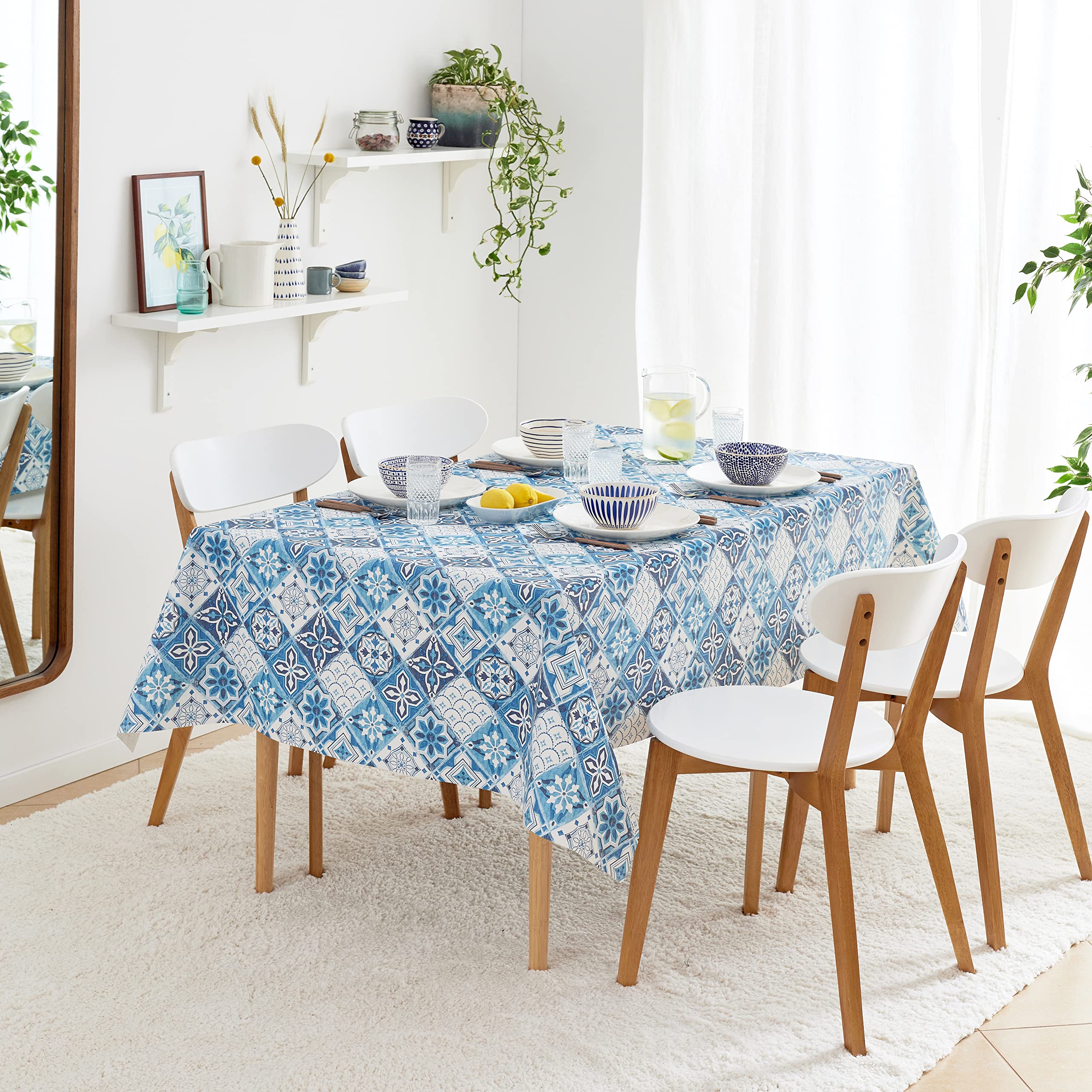 KP HOME Tovaglia Plastificata Rettangolare 200x140cm, Blu Intenso Tovaglia Cerata per Tavolo da 6 Posti, Interni ed Esterni, PVC Facile da Pulire, Impermeabile, con Motivo Azulejo Lisbona Piastrelle