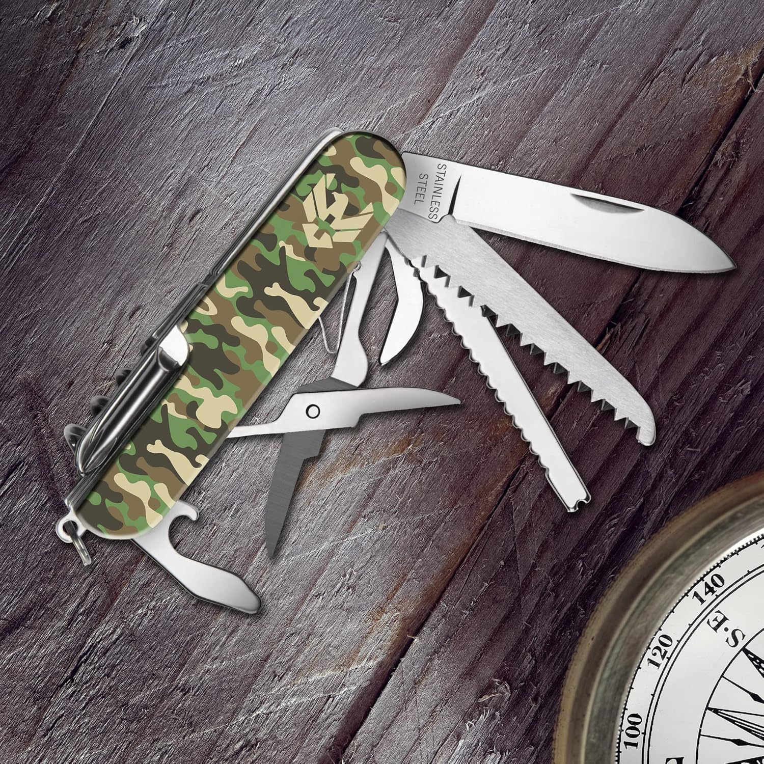 Swiss Eagle Premium Quality 12 in 1 Commando Classic Pocket House Hold & Campaign Tool, Premium M with Blade, Scissor, Screwdriver, Plier, Magnifying Glass, Tweezer Christmas Gifts - Miltary Green