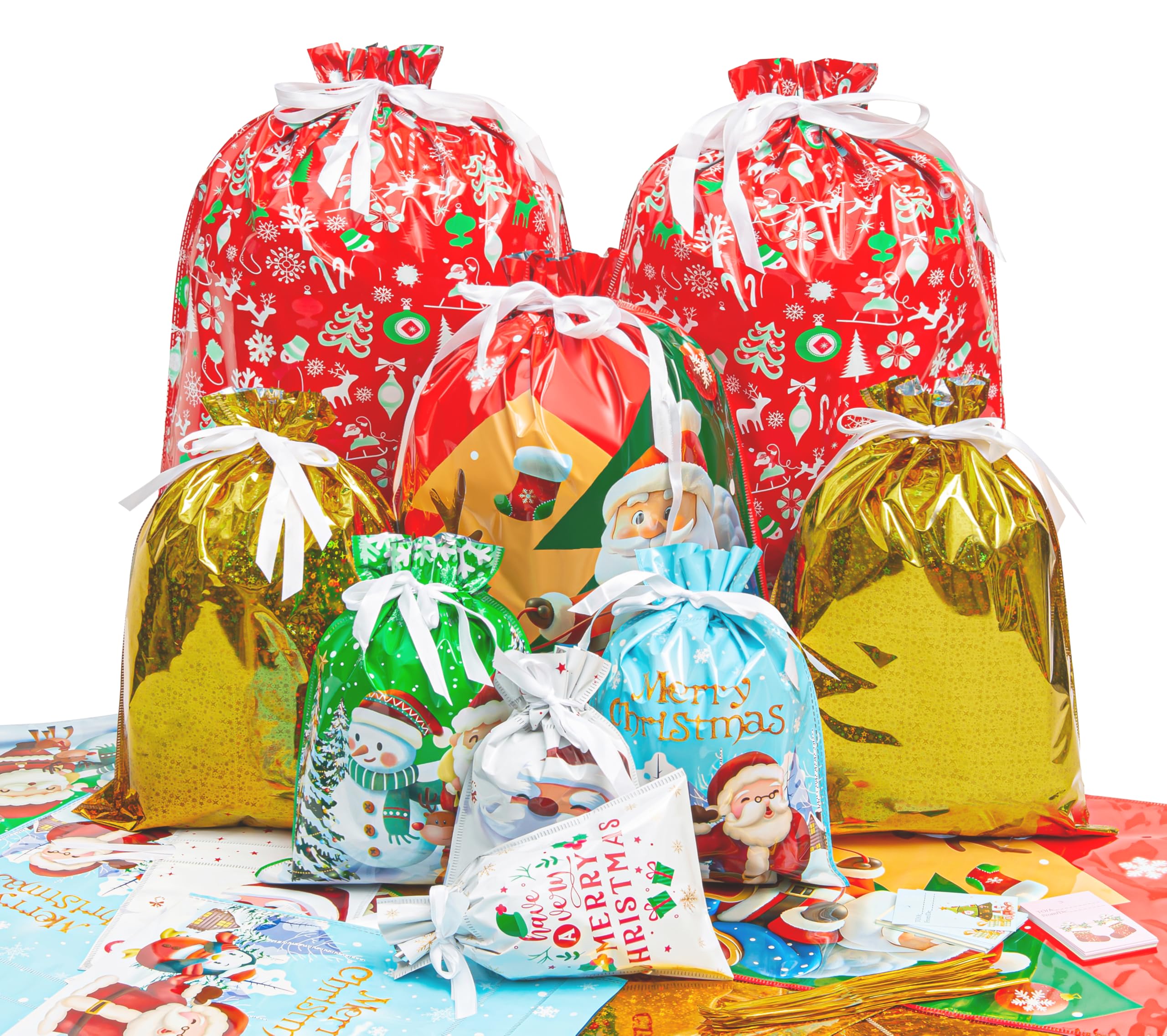 Sacchetti regalo di Natale, 24 sacchetti regalo di Natale con coulisse, dimensioni assortite, riutilizzabili, in plastica, con nastri e etichette, extra large/grande/medio/piccolo