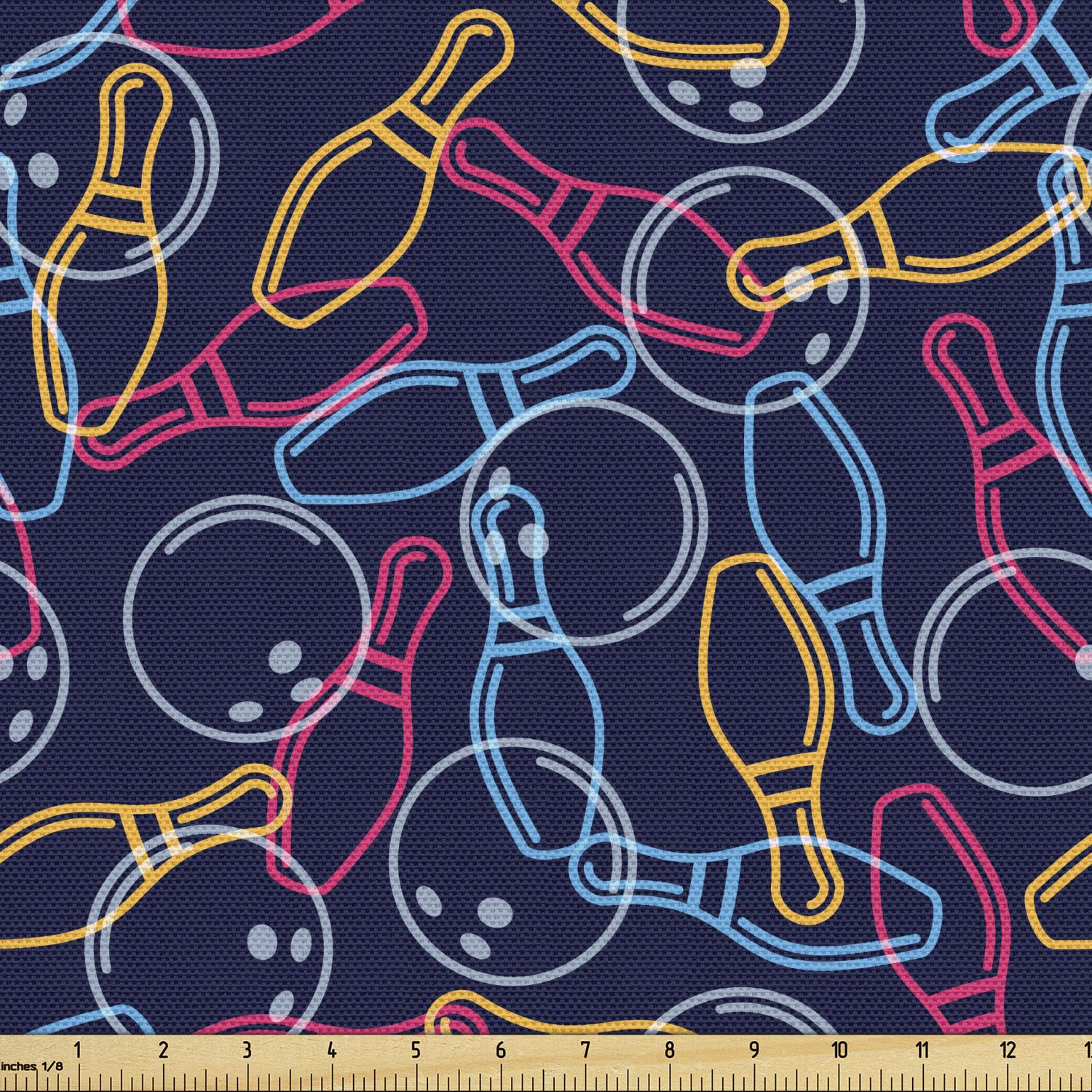 Ambesonne Bowling Fabric by The Yard, Balls Pins and Shoes in Vibrant Colored Outline Style Fun Hobby Activity Theme, Decorative Fabric for Upholstery and Home Accents, 3 Yards, Dark Blue