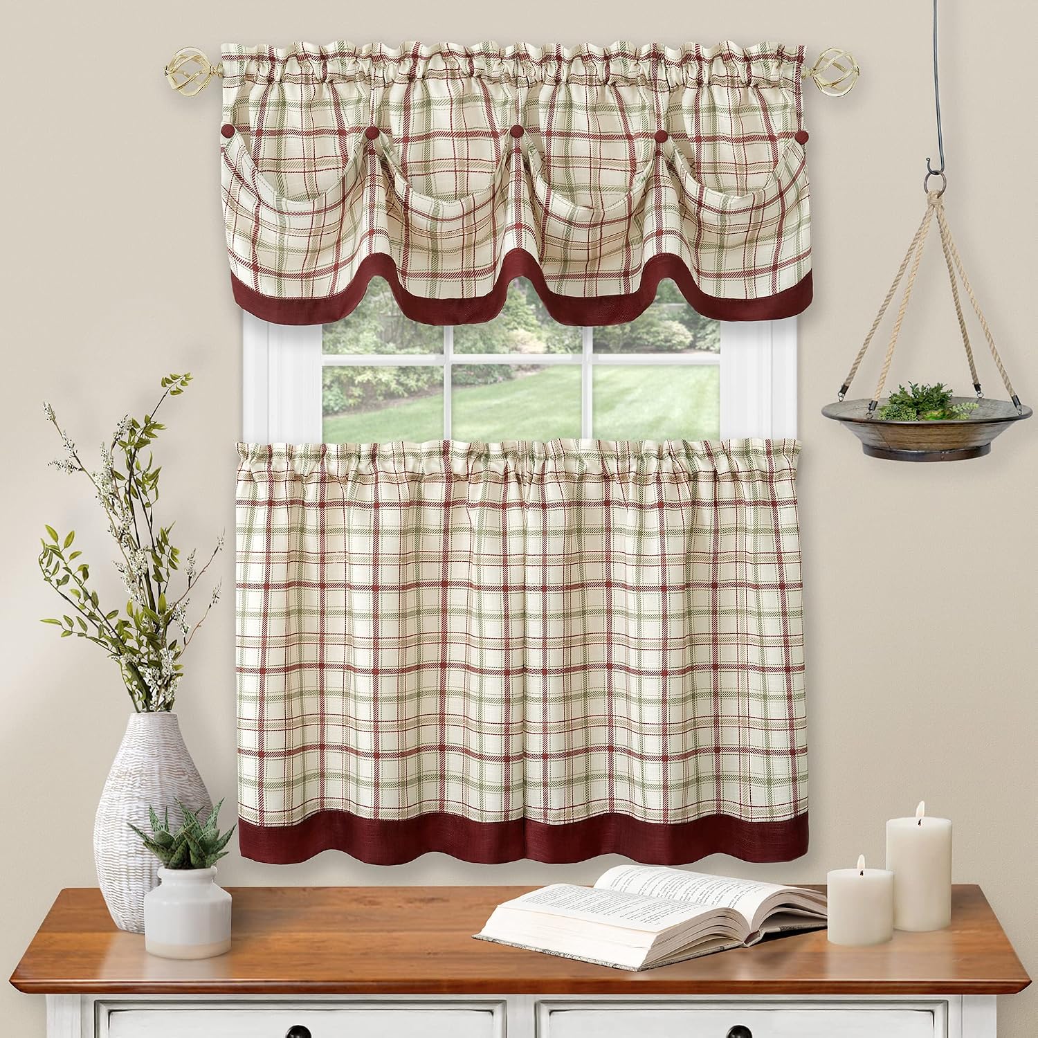 ACHIM Tattersall Tier Pair and Valance Set - 58 x 24/52 x 14 - Burgundy
