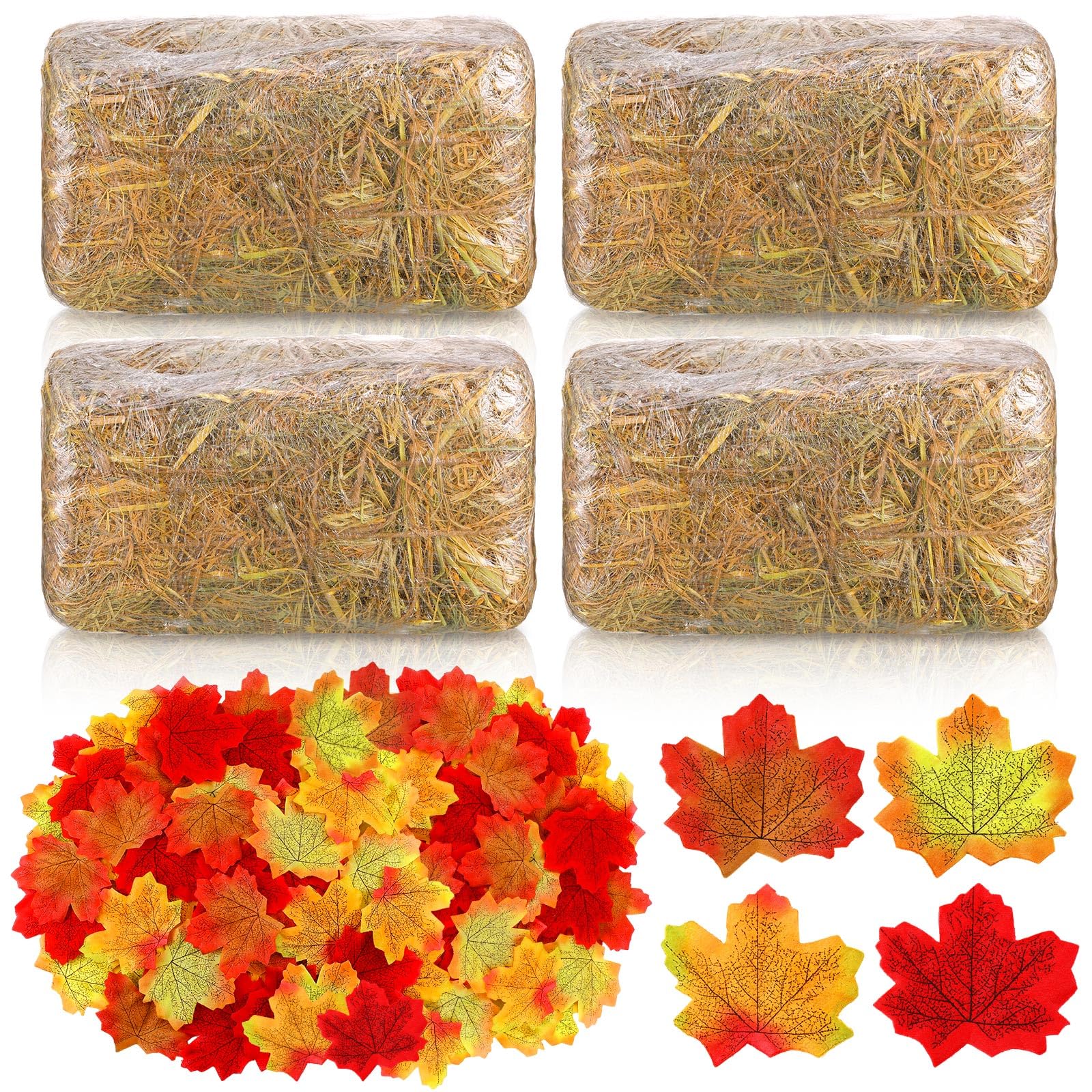 4 Pcs 13 x 6 x 5 Inch Decorative Straw Hay Bale Stack Decoration with 200 Pcs Fake Artificial Fall Maple Leaves for Fall Thanksgiving Harvest Autumn Party Decoration