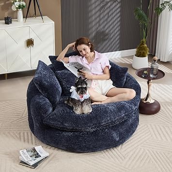 Oversized Round Chaise Lounge Indoor, Comfy Round Boneless Sofa Chair with Extra Deep Seat, Cozy Memory Foam Cuddle Circle Couch and 5 Pillows for Reading Living Room