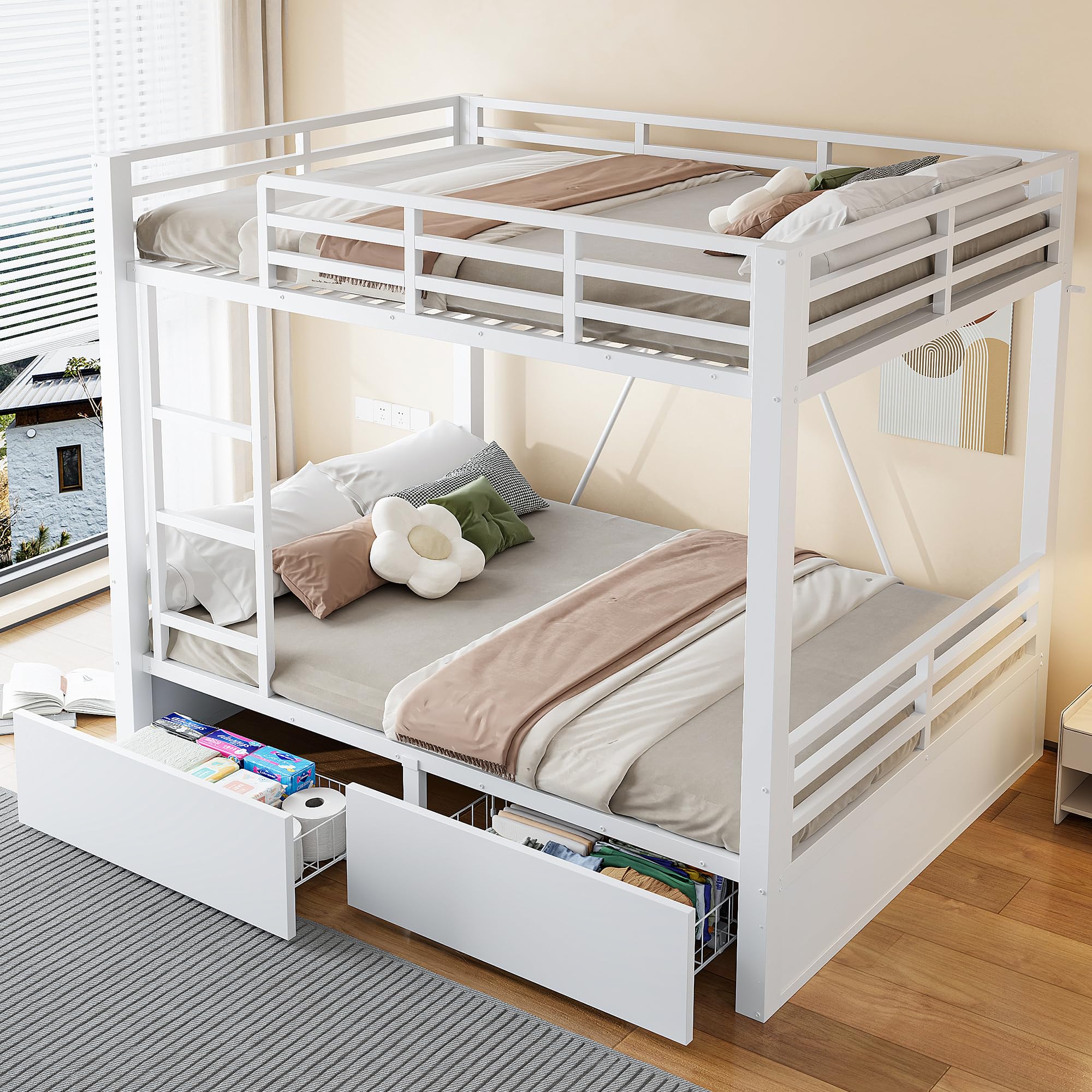 Merax Metall-Etagenbett 140x200 cm mit Schubladen, Sicherheitsgeländer & Leiter – platzsparendes Kinderbett, Weiß (Ohne Matratze)