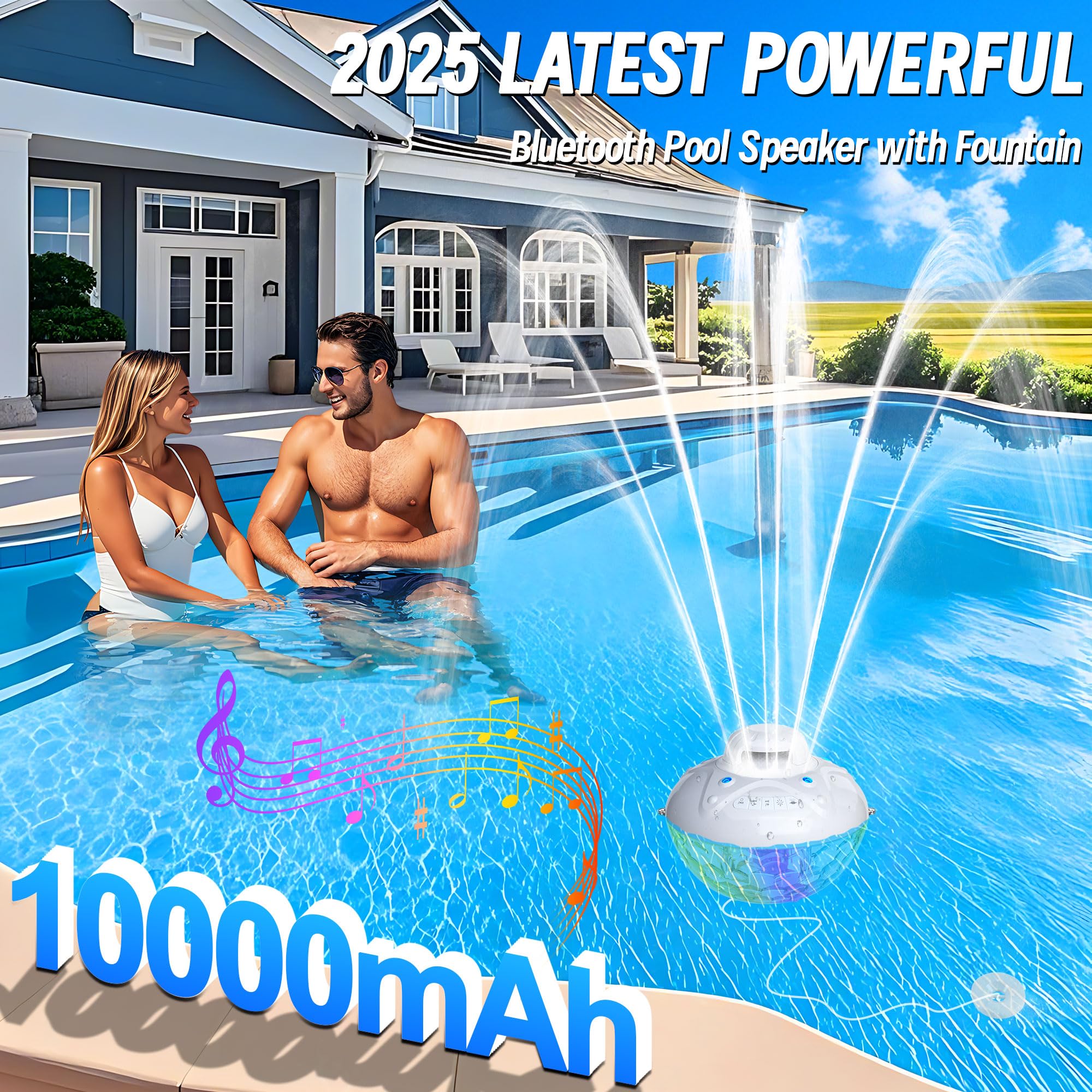KingSom 3 en 1 Enceinte Bluetooth Piscine avec Fontaine Piscine Lumineuse, 10000mAh Enceinte Piscine Flottante,Haut Parleur Étanche IP68, BT5.4,HD Stéréo,24H d'autonomie Fontaine Piscines Rechargeable