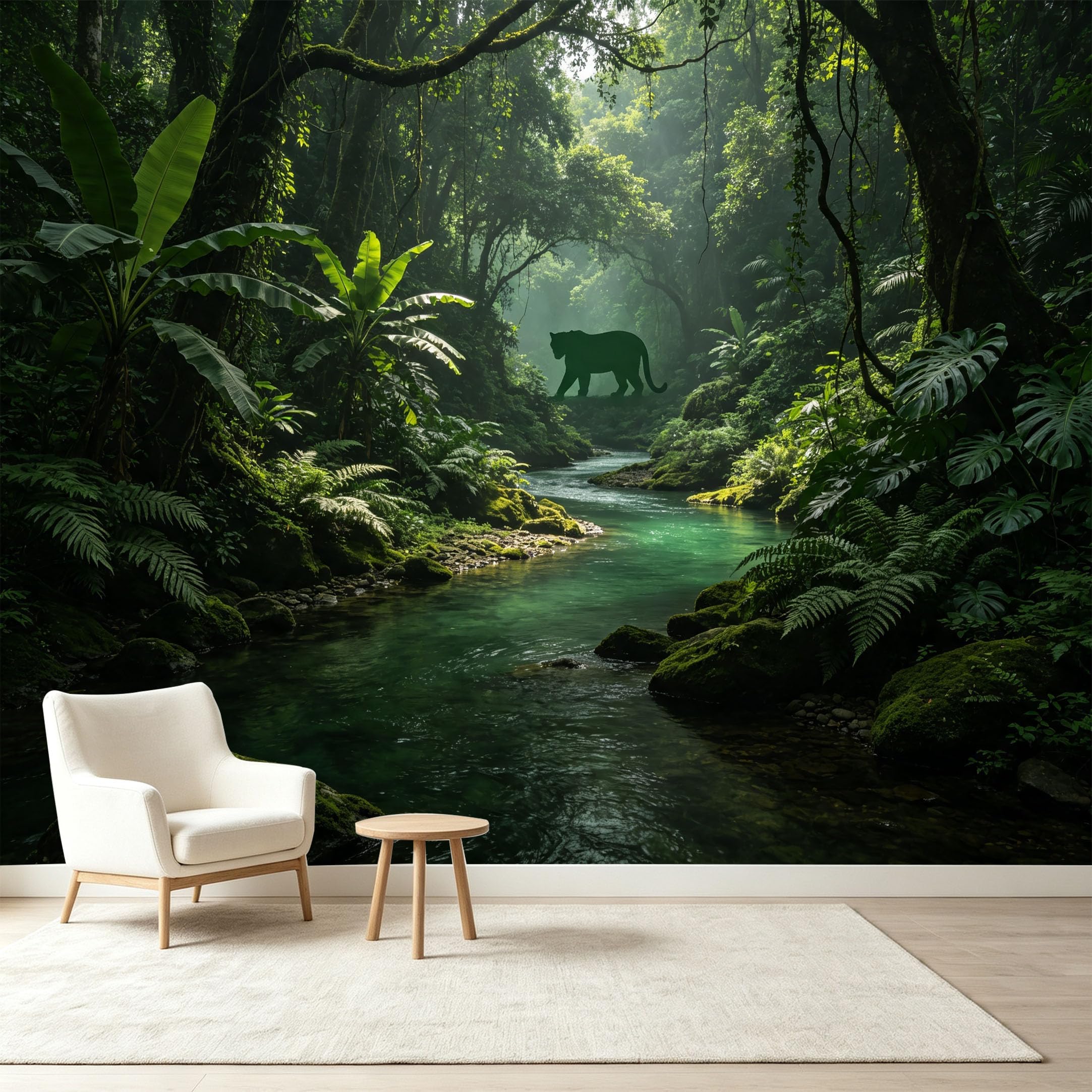 Custom Size Wall Murals Tropical Jungle Rainforest River Panther Silhouette Self-Adhesive Wall Fabric Removable Wallpaper Wall Decor for Living Room Bedroom Bathroom