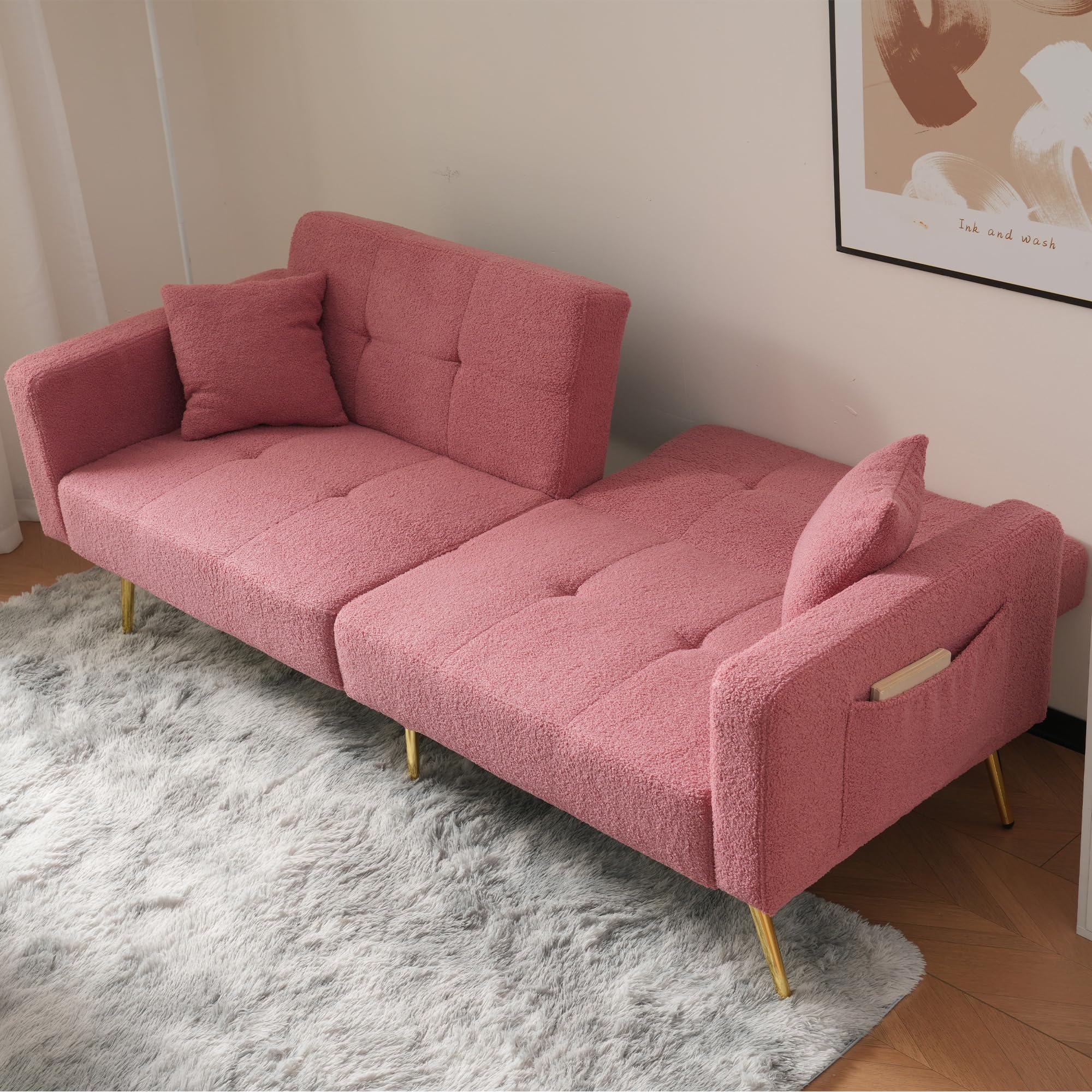 BTM Sofa Bed, 3 Seater Sofa Settee Couch with 3 Adjustable Backrest Angles, Gold Legs, Cushions and Side Storage Pockets, Pink Sharpa Surface โ image 1