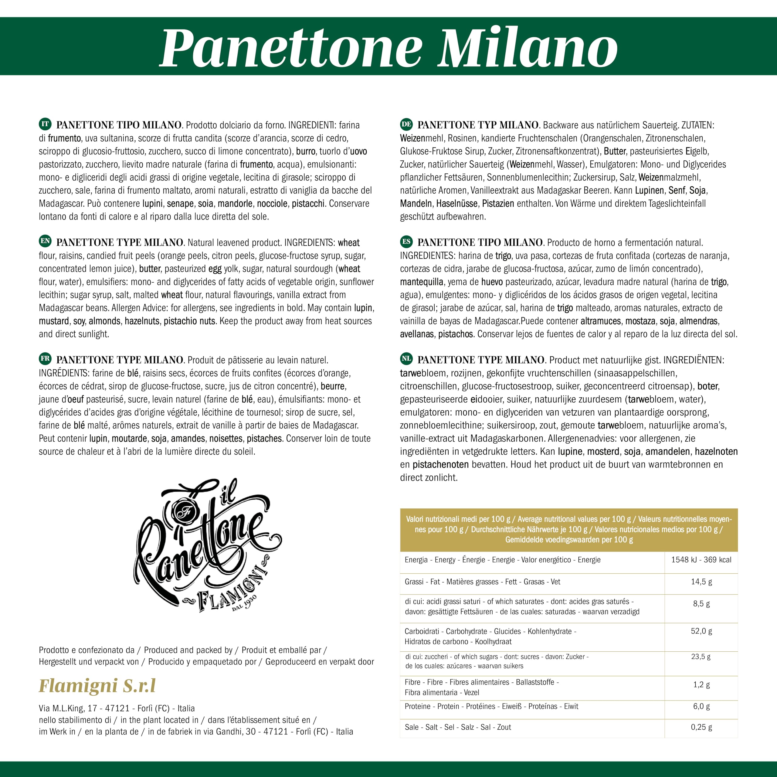FLAMIGNI, Artisan Panettone Milano Basso Classique Traditionnel à l'Orange Confite, Cèdre, Raisins Sultana et Arôme Naturel de Vanille, Emballage avec Ruban Idéal comme Cadeau de Noël, 1Kg