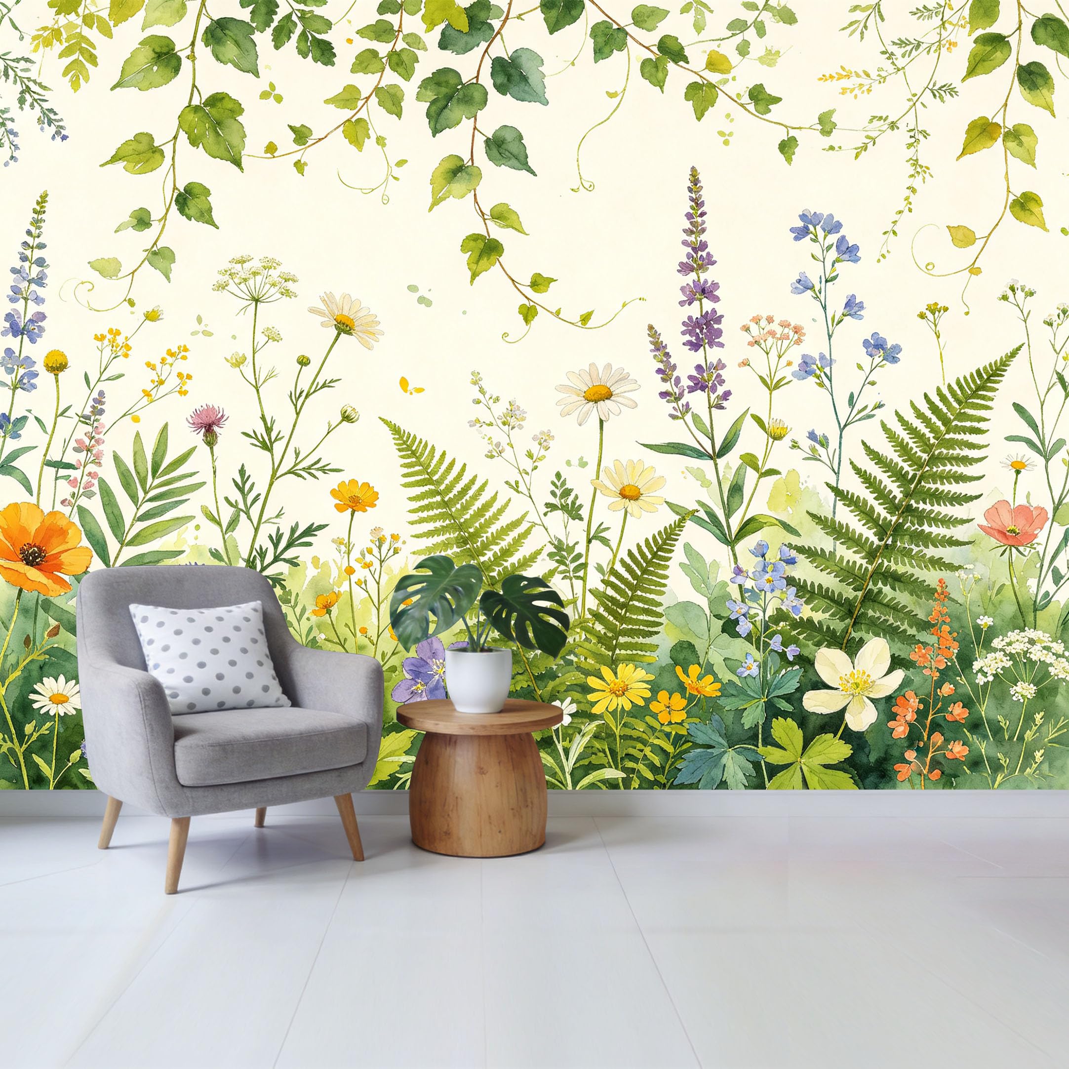 Qzlithotic Yq2605250218 Custom Size Wall Mural Botanical Wildflower Meadow Watercolor Painting Fern Leaf Floral Design Selfadhesive Wall Fabric Removable Wallpaper For Home Office Decor