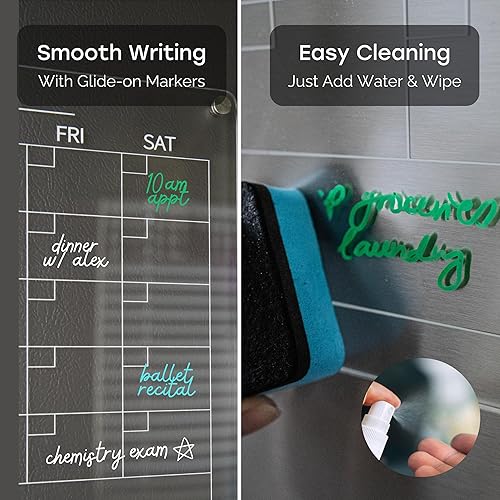 Miniatura 4 de Calendario magnético acrílico y pizarra de borrado en seco para nevera, juego de 2 transparentes de 17 x 12 pulgadas con borrador, 5 marcadores,