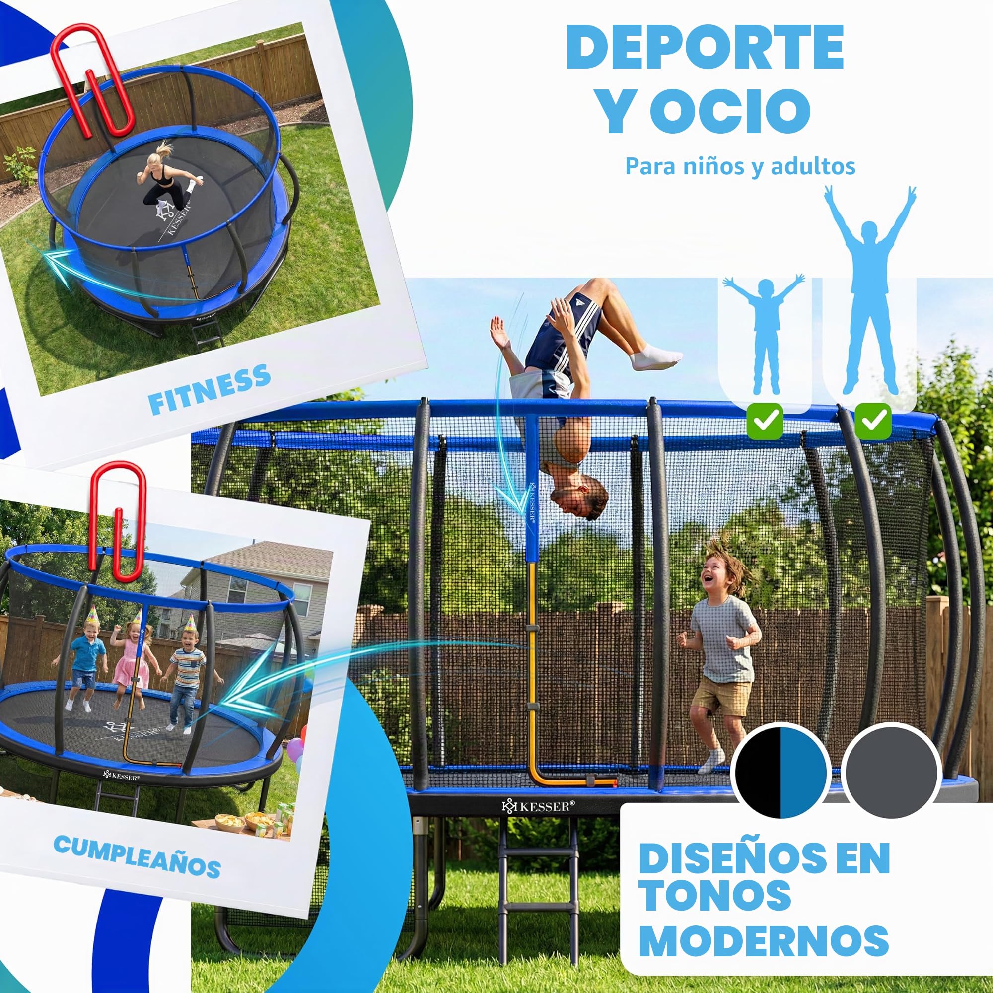 KESSER® Trampolín exterior Ø 244/305/366/427 cm, certificado GS, cama elástica de jardín para niños y adultos < 150 kg con red de seguridad, incluye bolsa, escalera, cubierta de borde y barras de red
